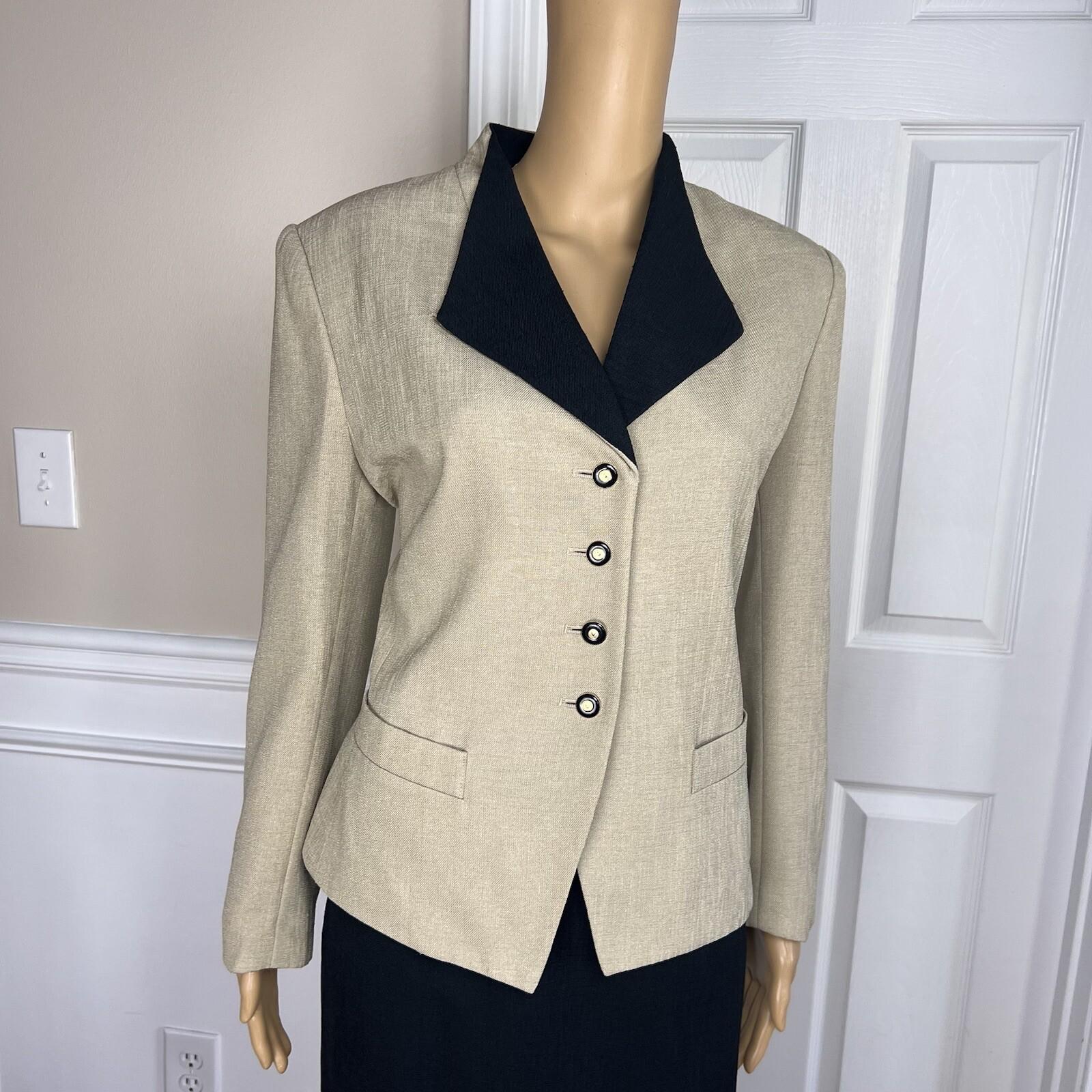 10-7567.jpg Kasper ASL Polyester Skirt 10 Suit 10P Beige Black Stand Up Collar Lined 2PC
