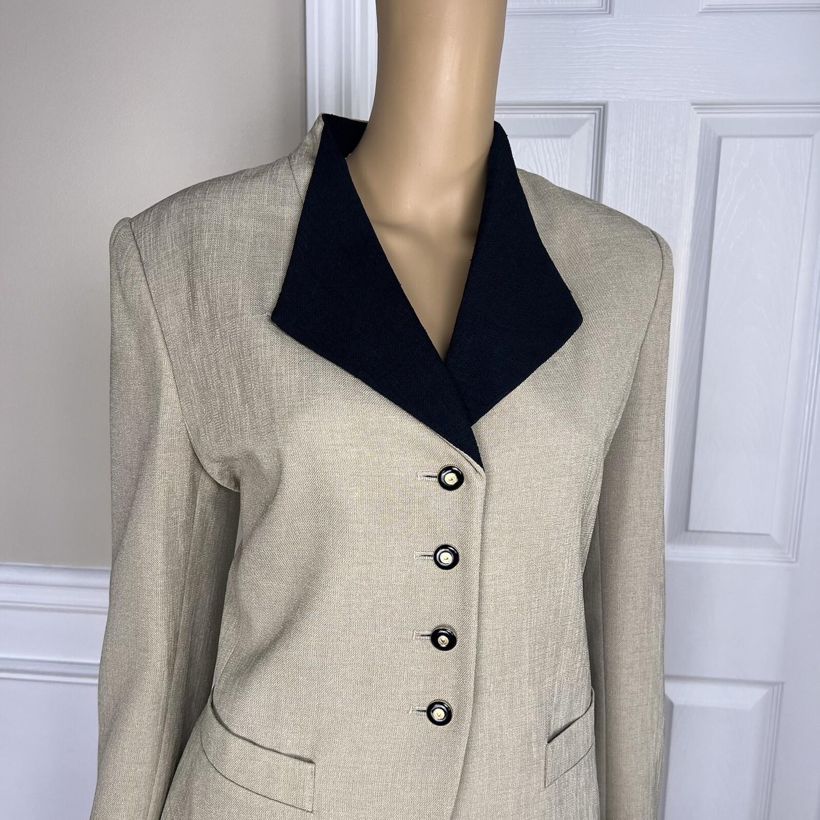 10-7571.jpg Kasper ASL Polyester Skirt 10 Suit 10P Beige Black Stand Up Collar Lined 2PC