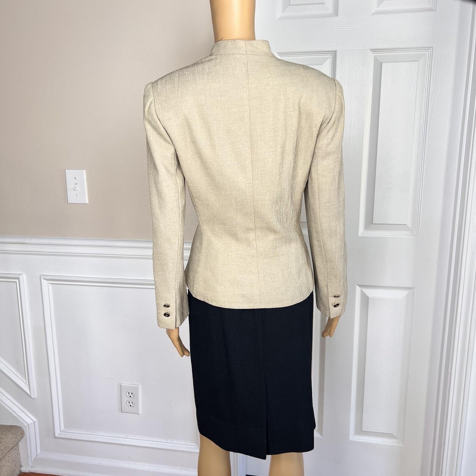 10-7574.jpg Kasper ASL Polyester Skirt 10 Suit 10P Beige Black Stand Up Collar Lined 2PC