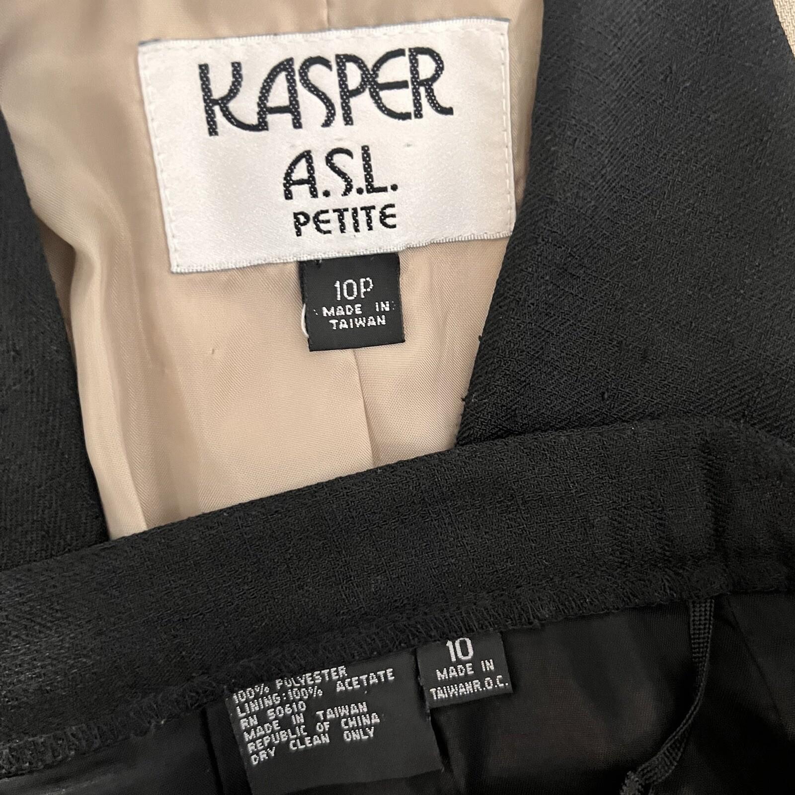 10-7577.jpg Kasper ASL Polyester Skirt 10 Suit 10P Beige Black Stand Up Collar Lined 2PC