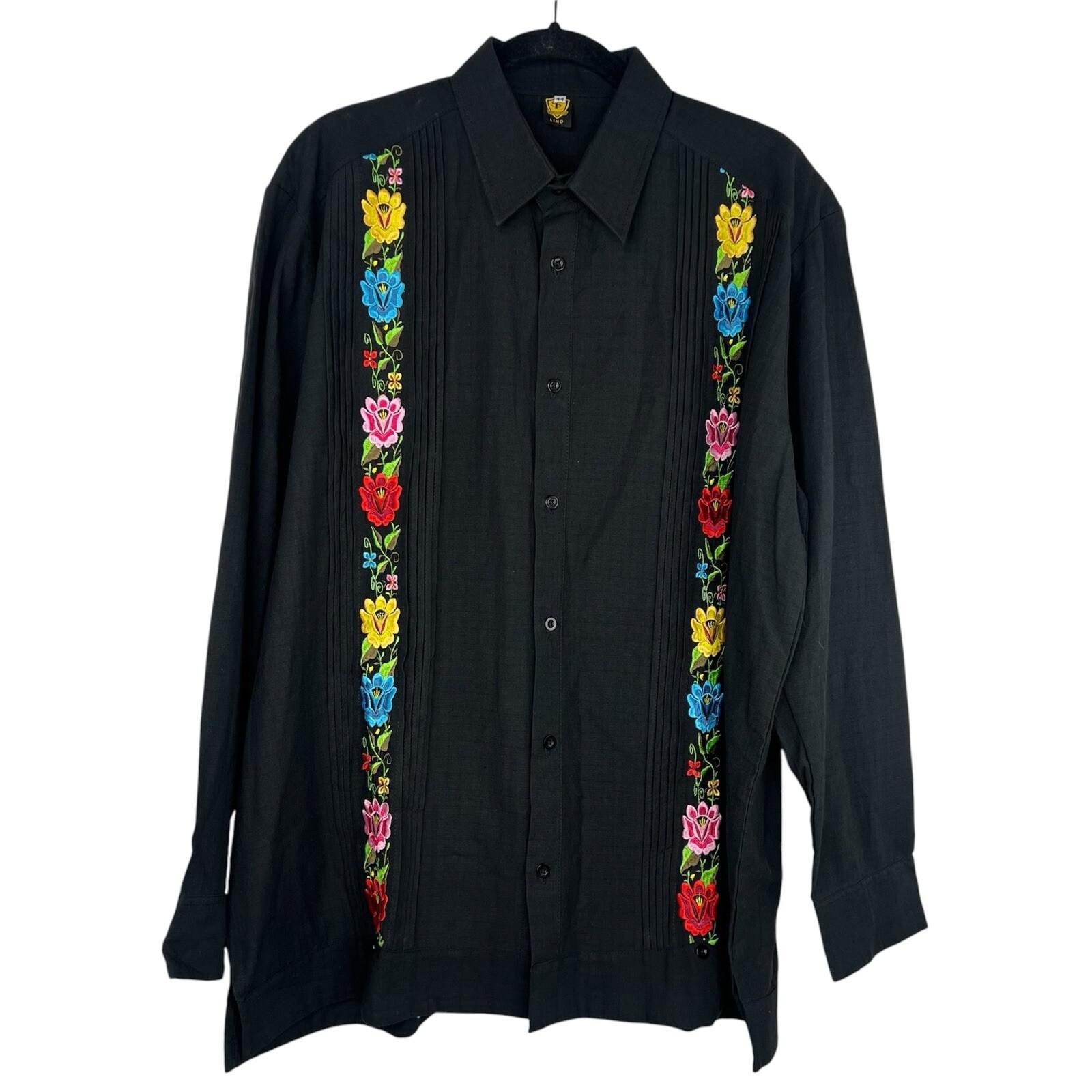 Mexican Guayabera Wedding Linen Shirt Size 44 Black Embroidery Handcrafted