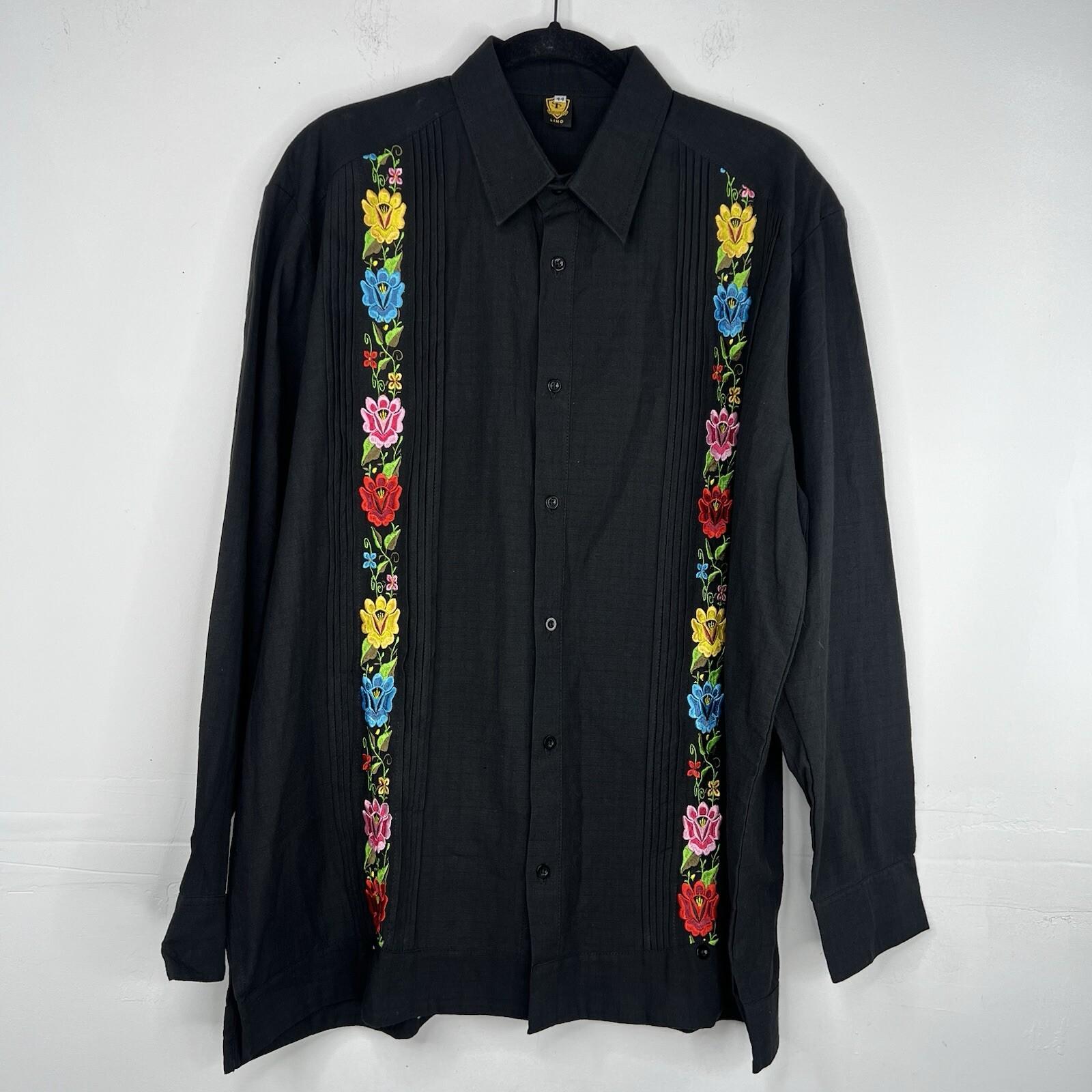 Mexican Guayabera Wedding Linen Shirt Size 44 Black Embroidery Handcrafted