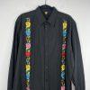 Mexican Guayabera Wedding Linen Shirt Size 44 Black Embroidery Handcrafted