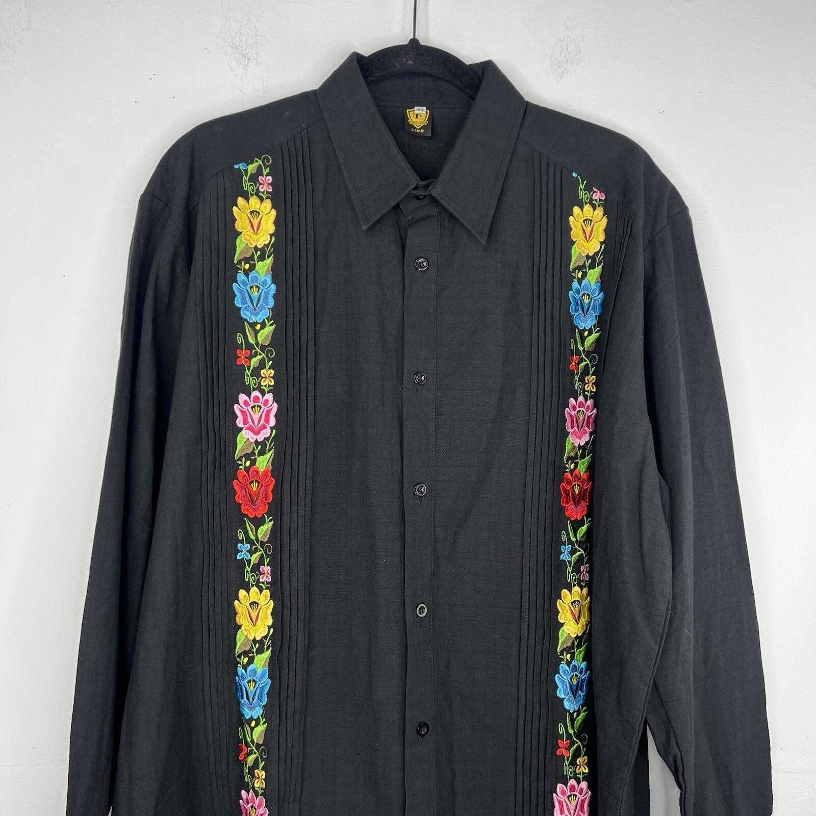 Mexican Guayabera Wedding Linen Shirt Size 44 Black Embroidery Handcrafted