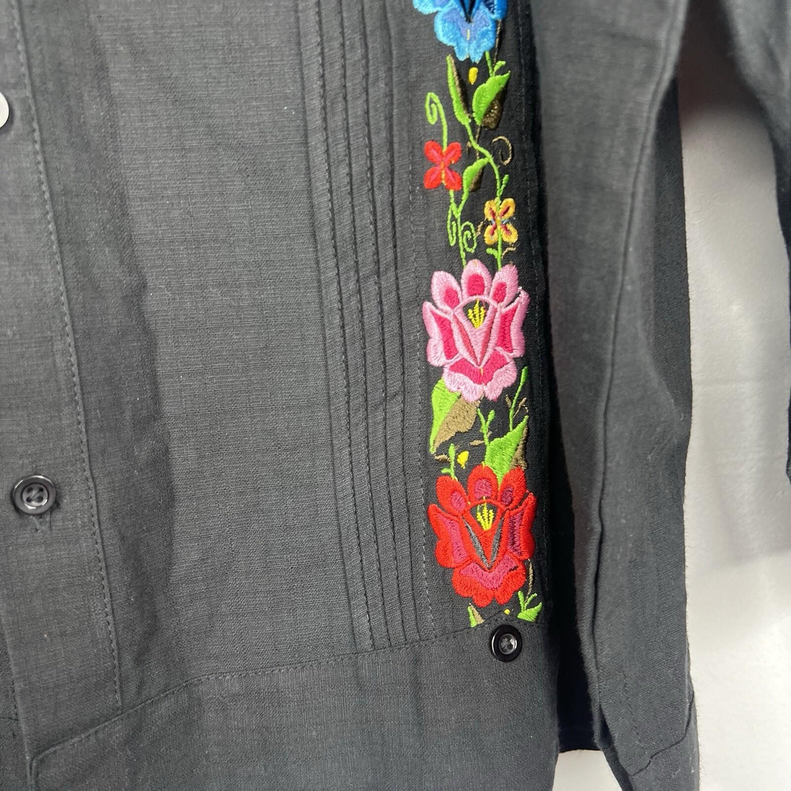 Mexican Guayabera Wedding Linen Shirt Size 44 Black Embroidery Handcrafted