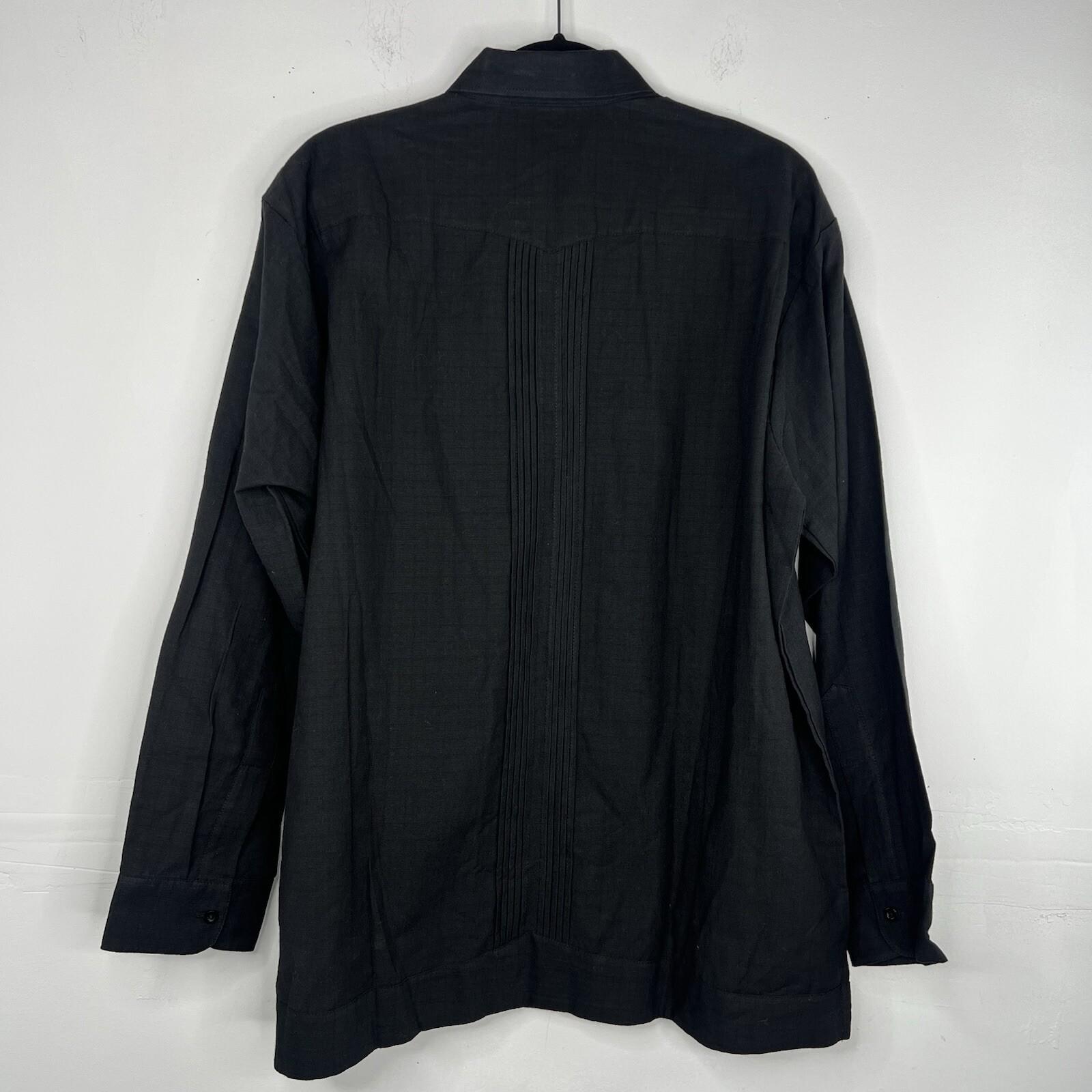 Mexican Guayabera Wedding Linen Shirt Size 44 Black Embroidery Handcrafted