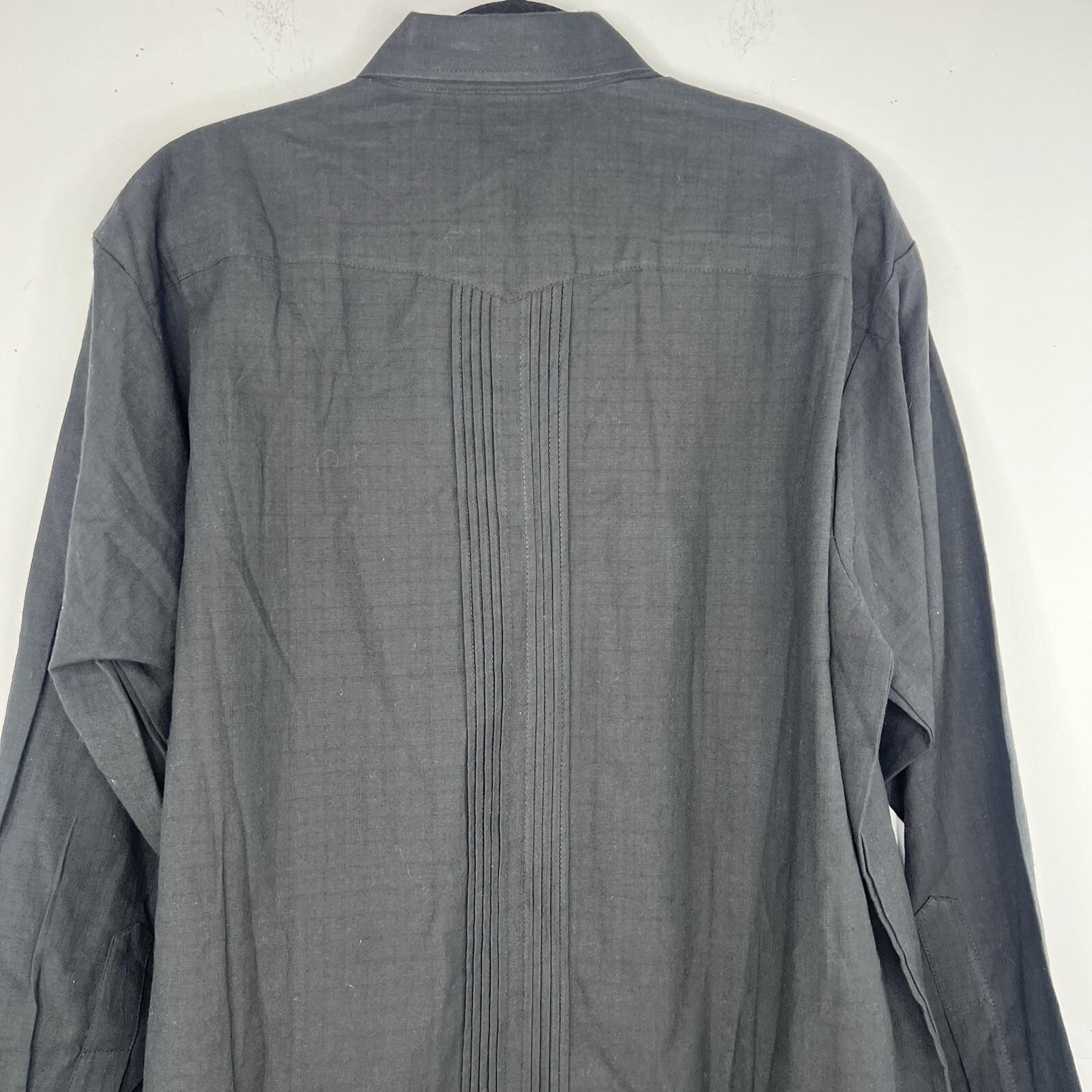 Mexican Guayabera Wedding Linen Shirt Size 44 Black Embroidery Handcrafted