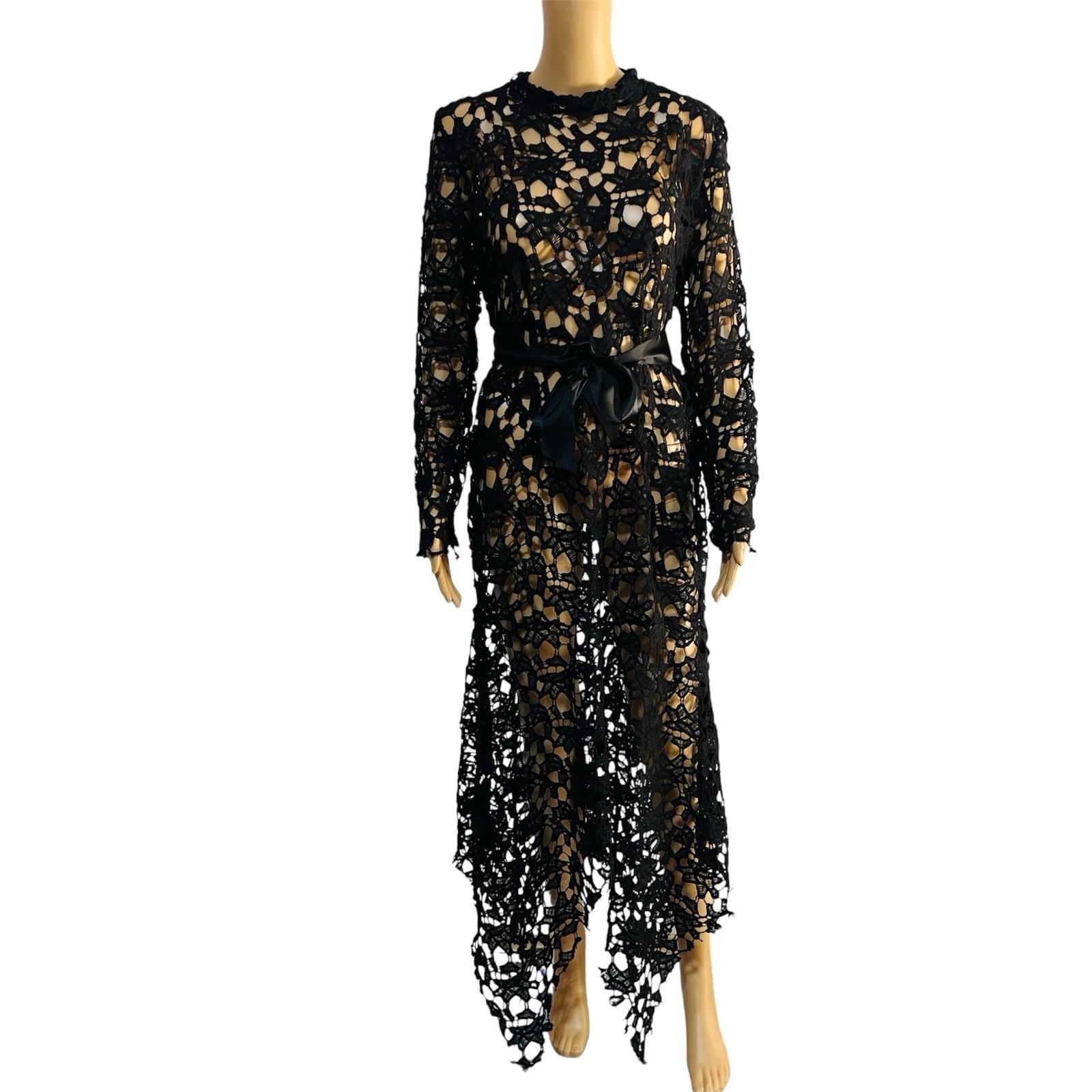 Beautiful high Low Lace dress Size L Black See Through Belted Gothic Grunge