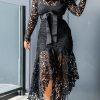 Beautiful high Low Lace dress Size L Black See Through Belted Gothic Grunge