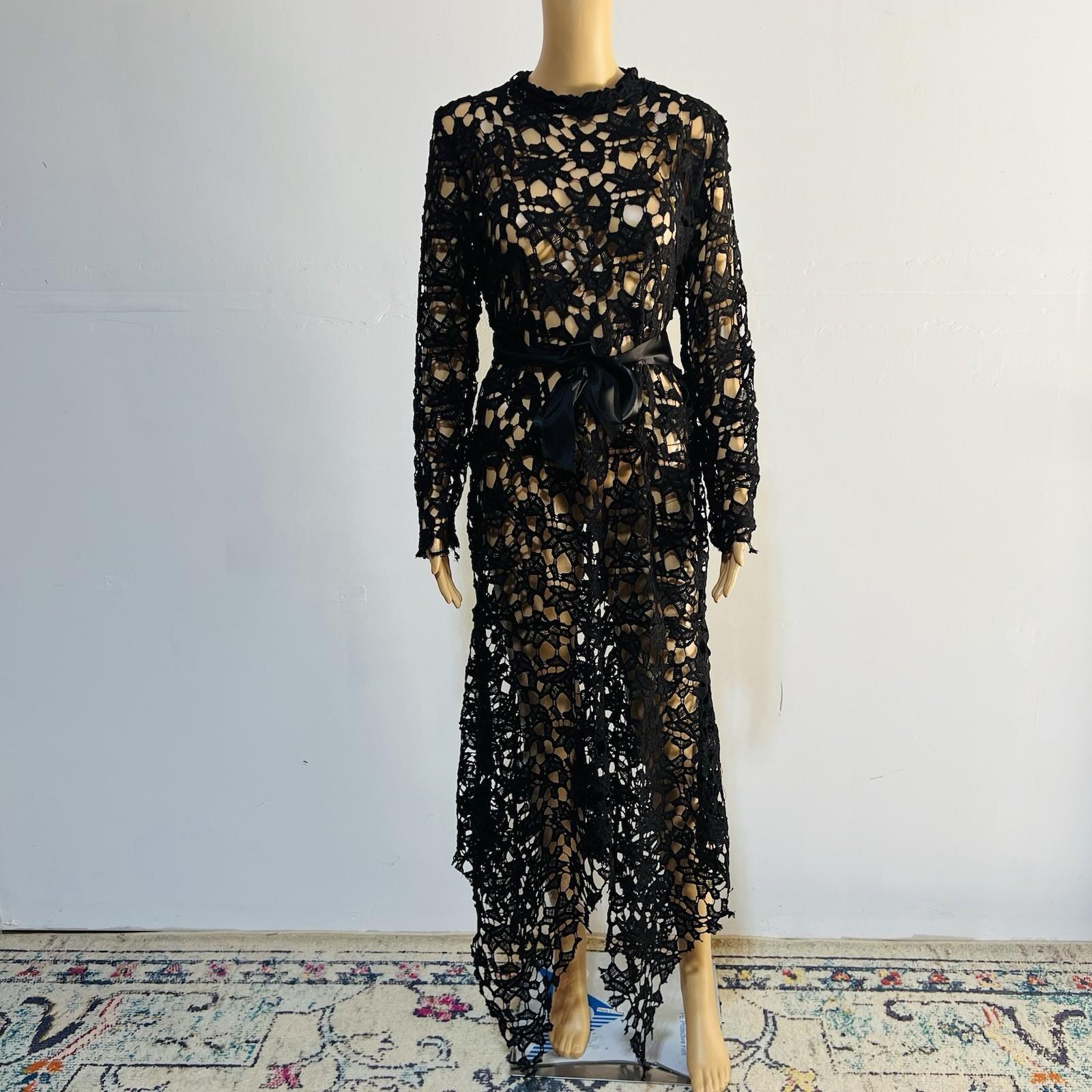 Beautiful high Low Lace dress Size L Black See Through Belted Gothic Grunge