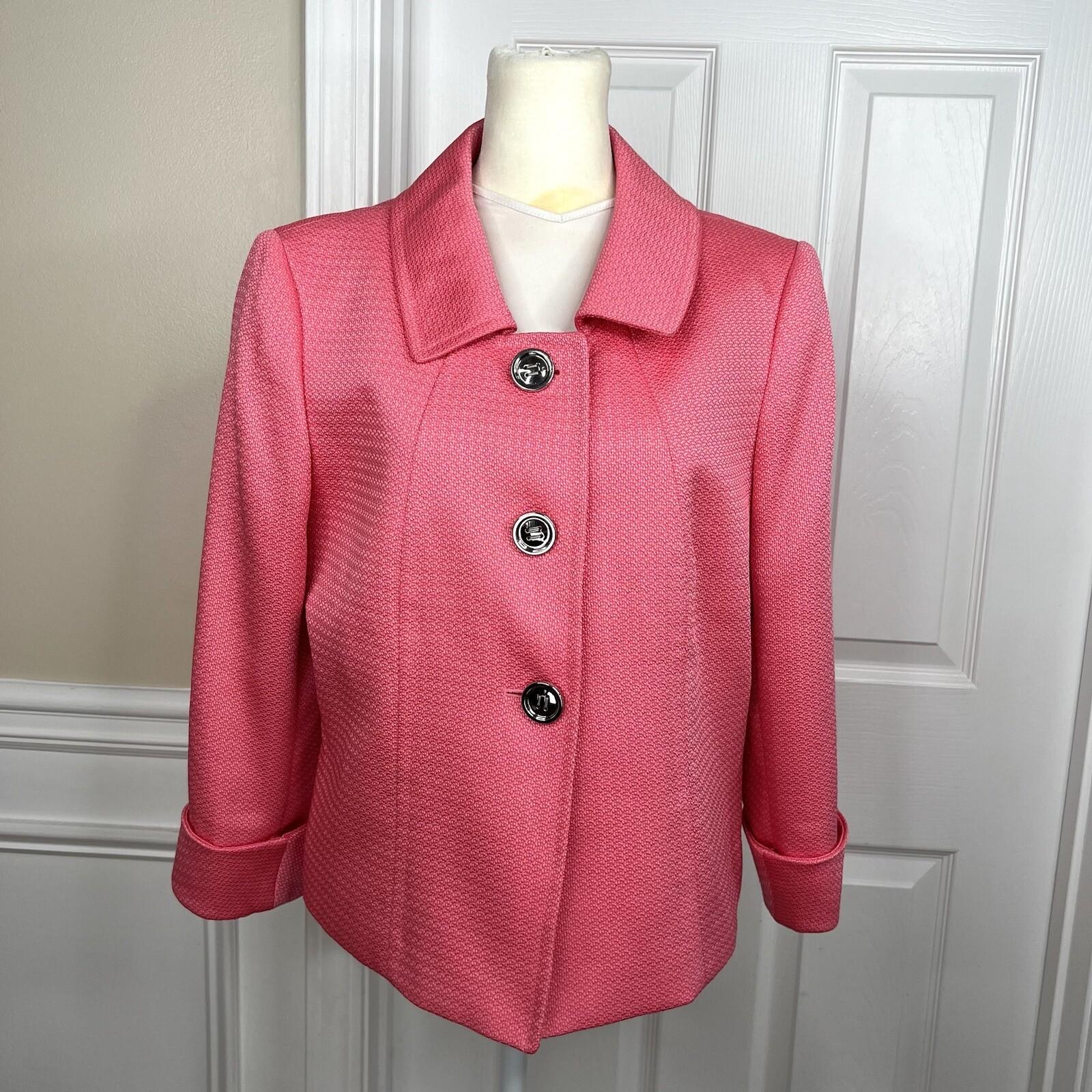 Tahari ASL Polyester Rayon Blazer Size 10 Pink 3/4 Sleeve Twill Shawl Collar