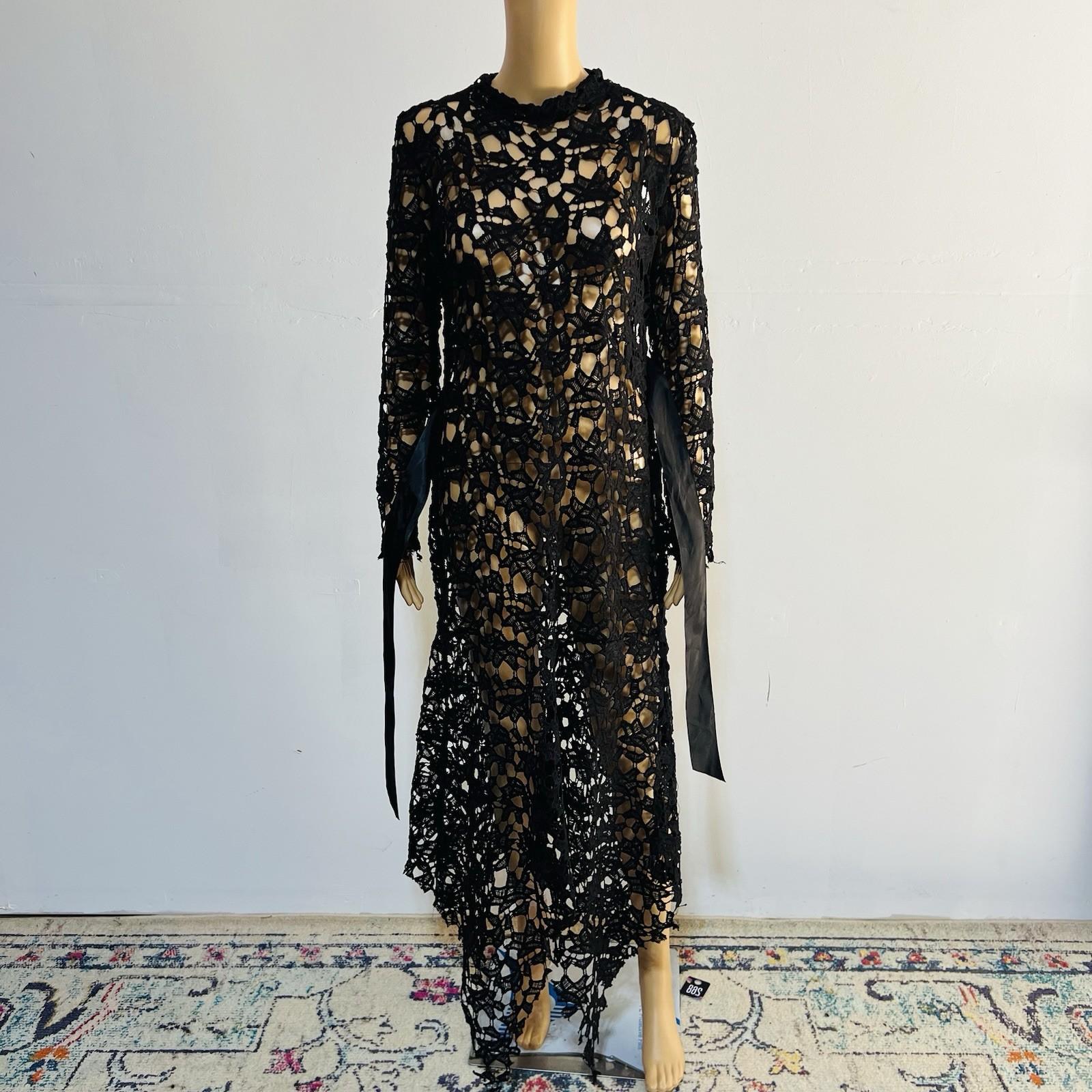 Beautiful high Low Lace dress Size L Black See Through Belted Gothic Grunge