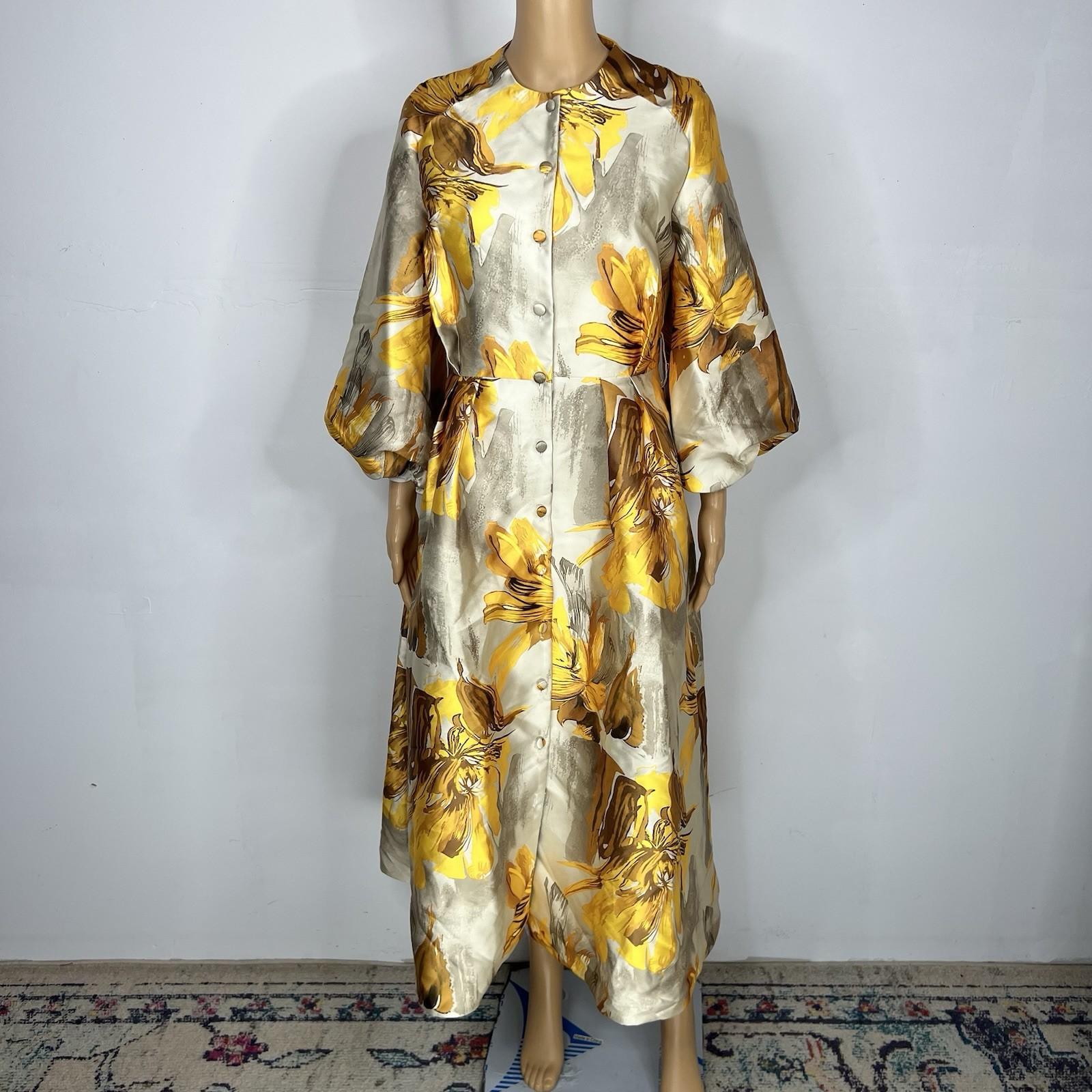 N By Nancy Button Down Mid Length Dress Size S Yellow Floral Bubble Sleeves New