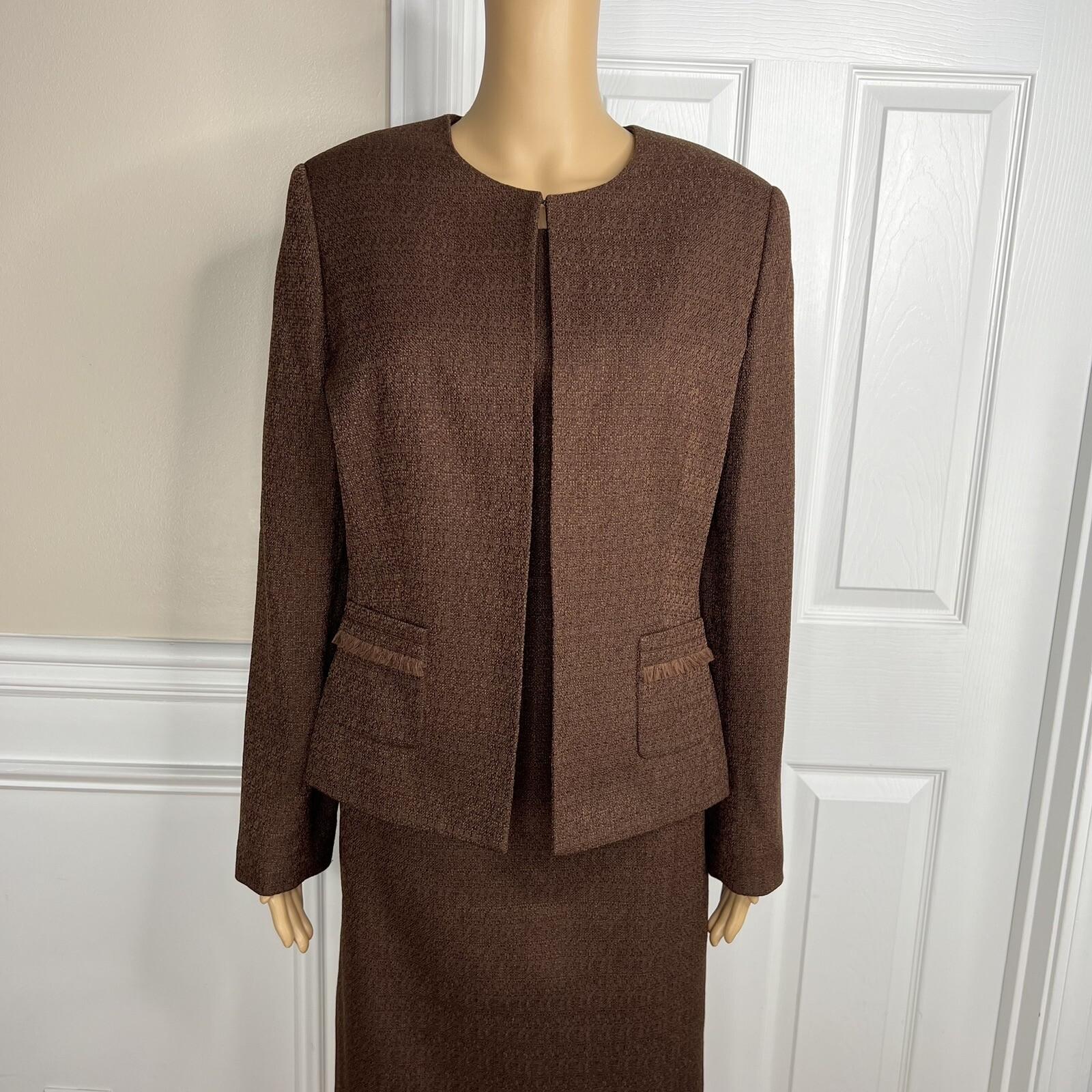 10-7692.jpg EMILY 2PC Brown Polyester Lined Collarless Cocktail Dress Suit Size 10