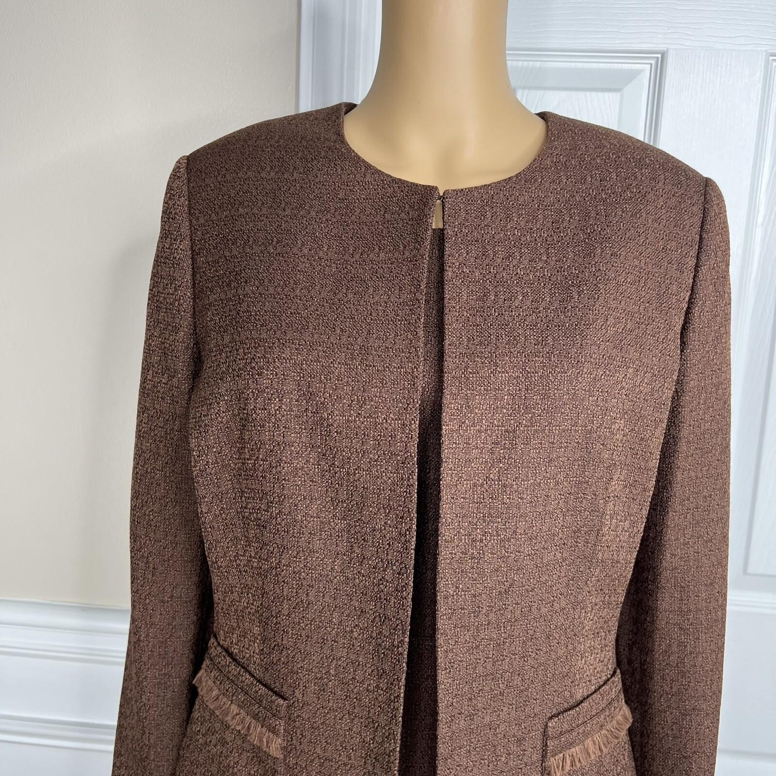 10-7693.jpg EMILY 2PC Brown Polyester Lined Collarless Cocktail Dress Suit Size 10