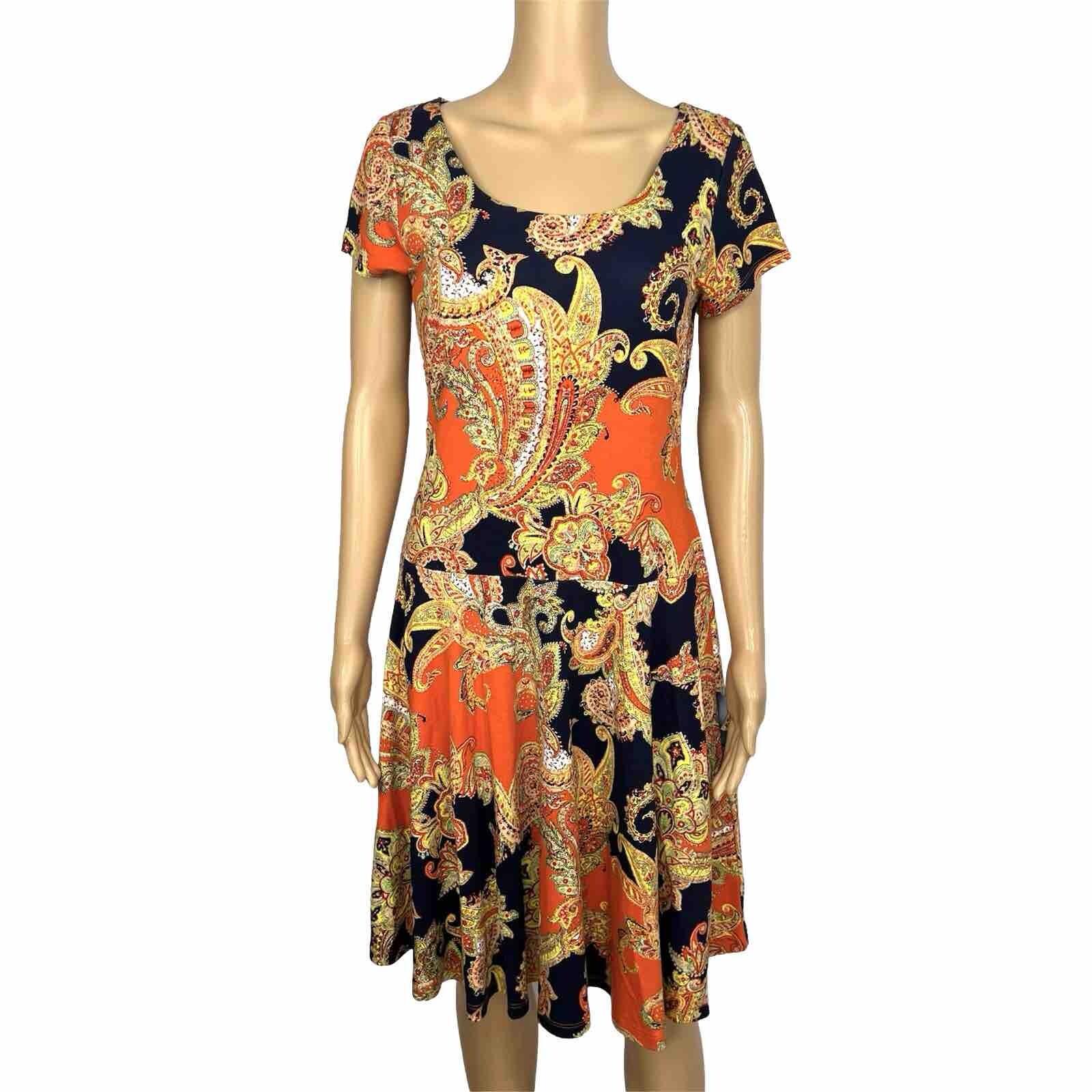 Lauren RL Royal Paisley Dress Size PM Short Sleeve Drops waist Skater Stretch