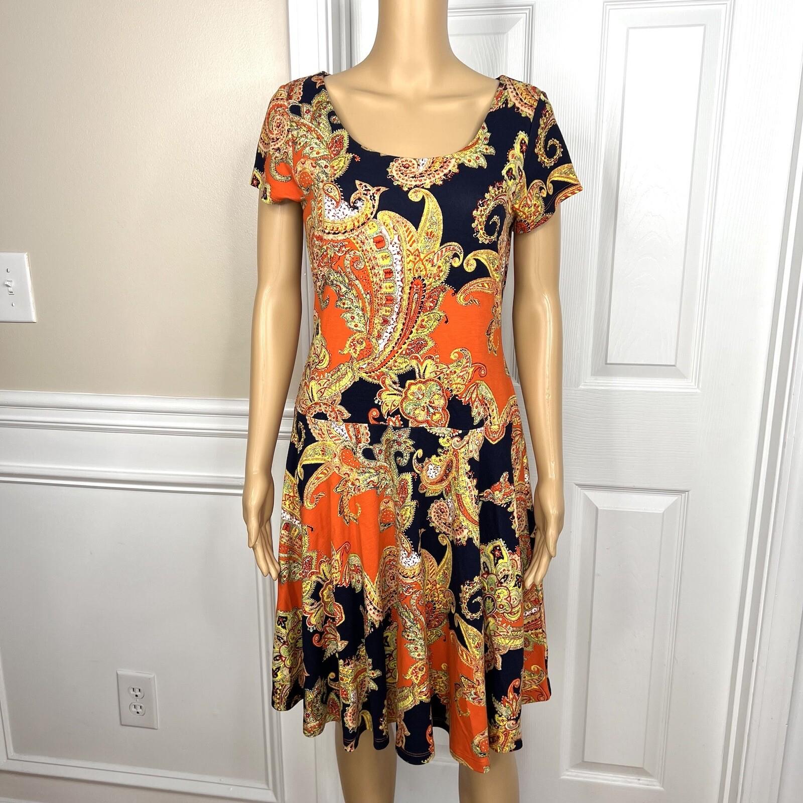 Lauren RL Royal Paisley Dress Size PM Short Sleeve Drops waist Skater Stretch