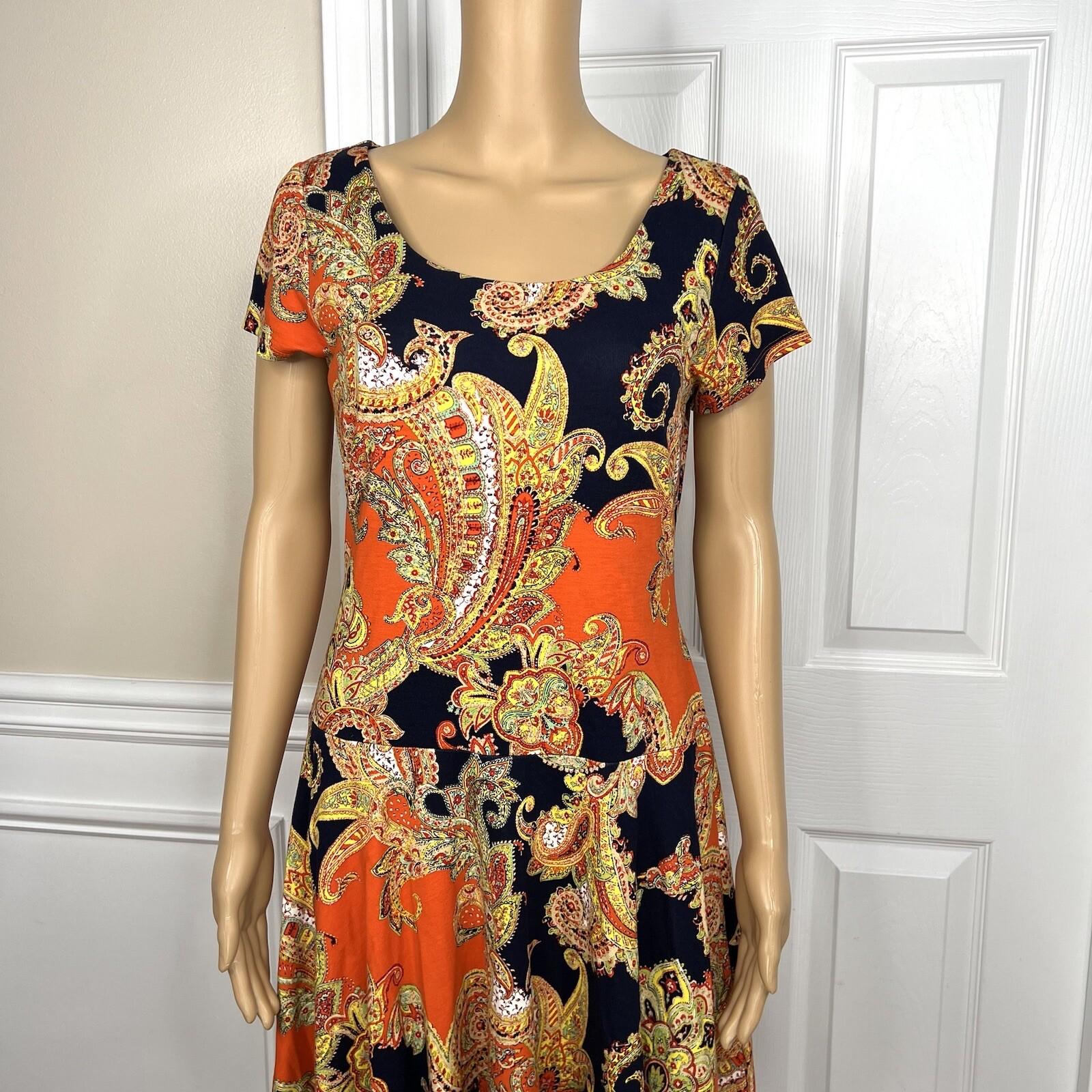 Lauren RL Royal Paisley Dress Size PM Short Sleeve Drops waist Skater Stretch