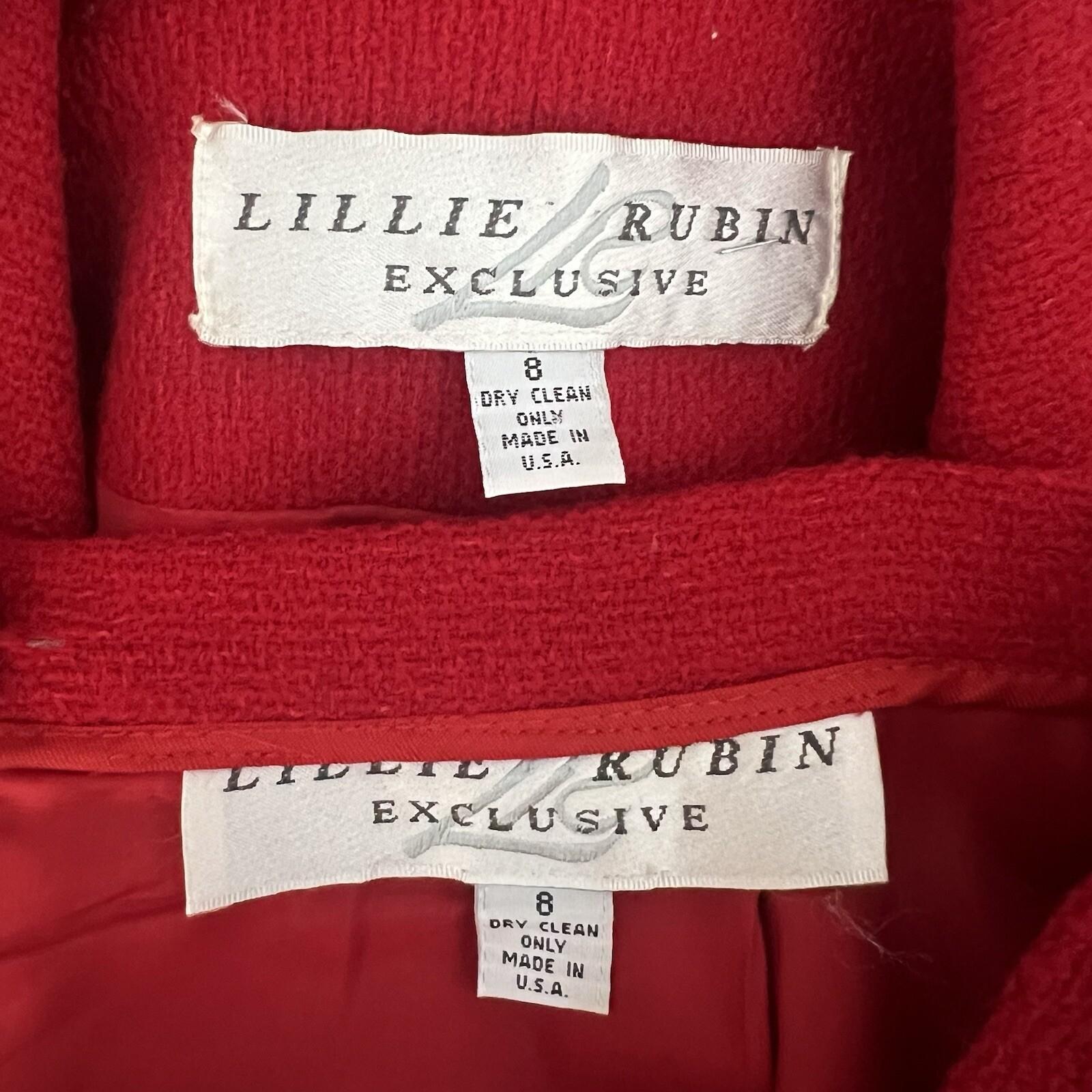 Lillie Rubin Exclusive Vintage Wool Skirt Suit Size 8 Red Lined Notch Collar 2PC