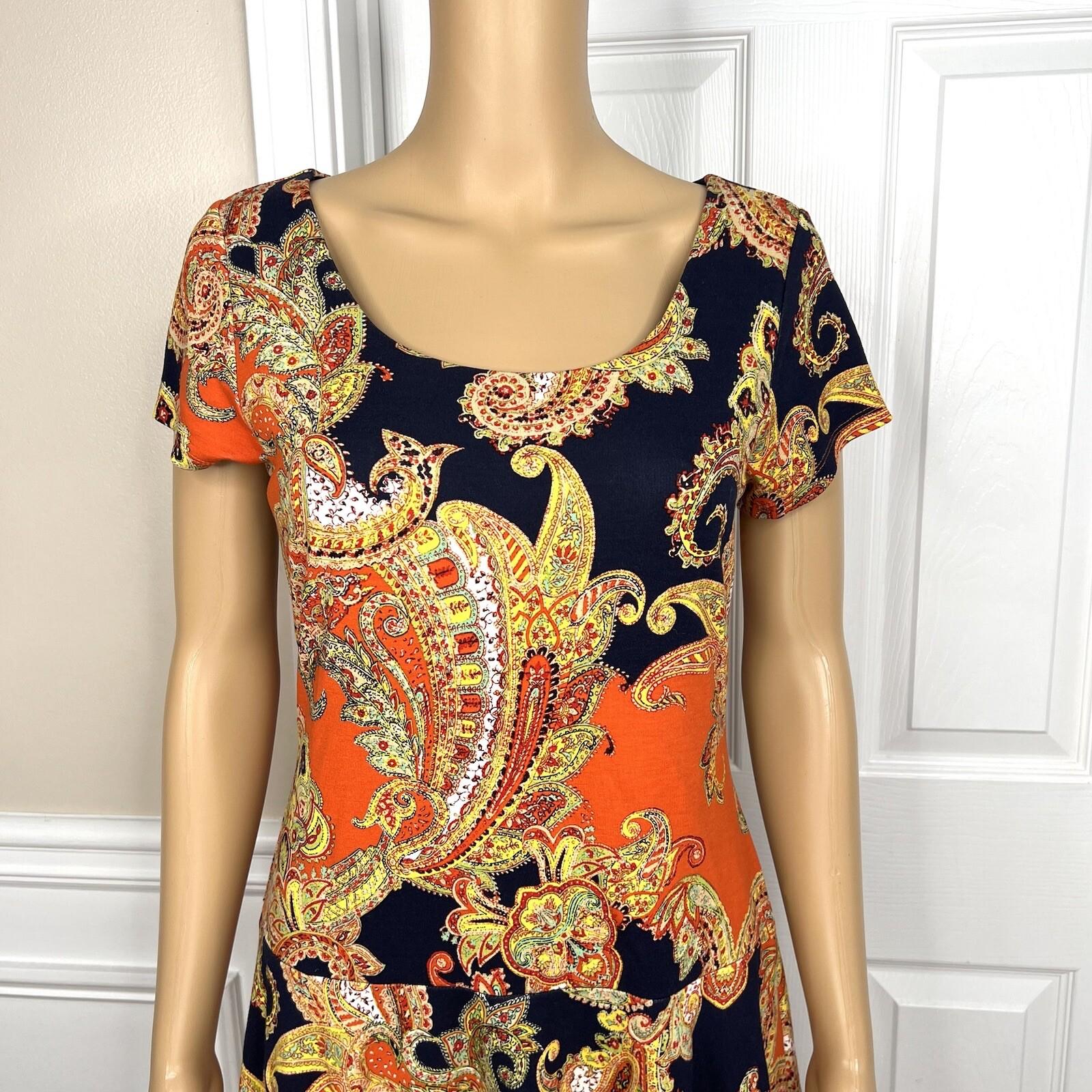 Lauren RL Royal Paisley Dress Size PM Short Sleeve Drops waist Skater Stretch
