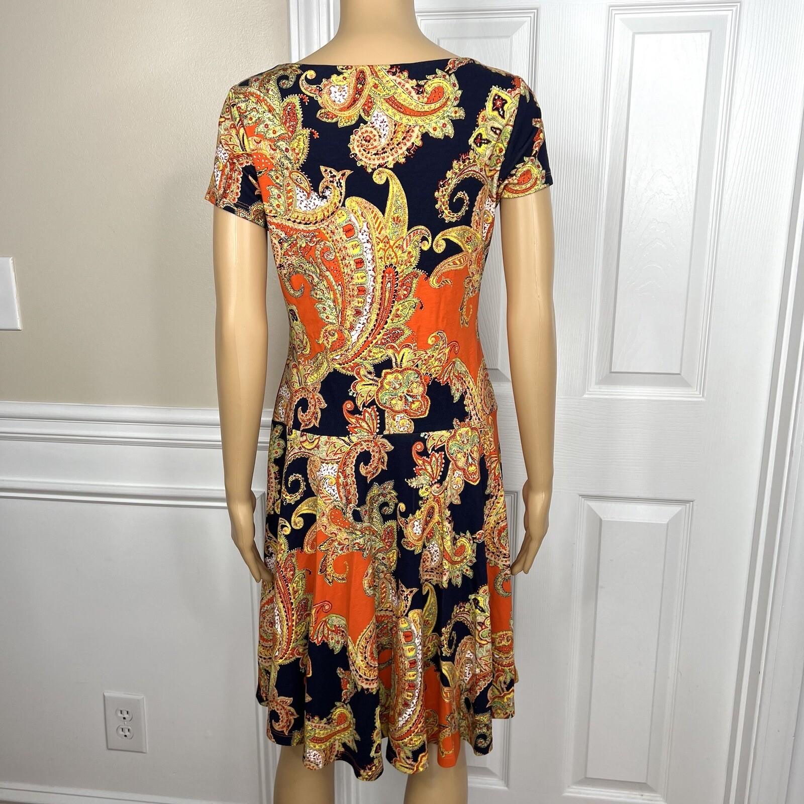 Lauren RL Royal Paisley Dress Size PM Short Sleeve Drops waist Skater Stretch