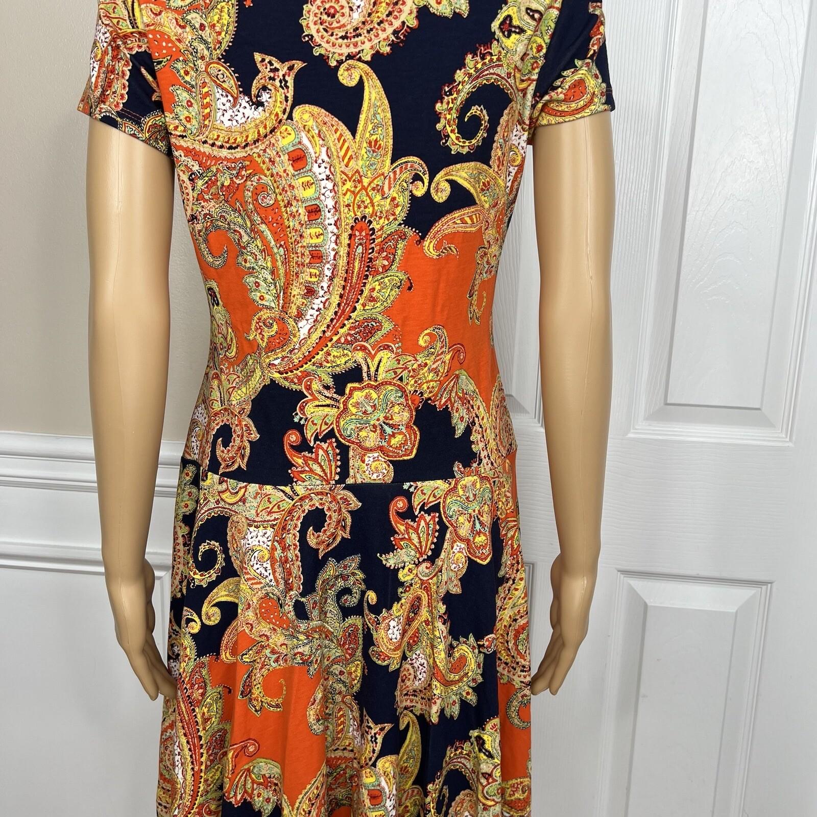 Lauren RL Royal Paisley Dress Size PM Short Sleeve Drops waist Skater Stretch