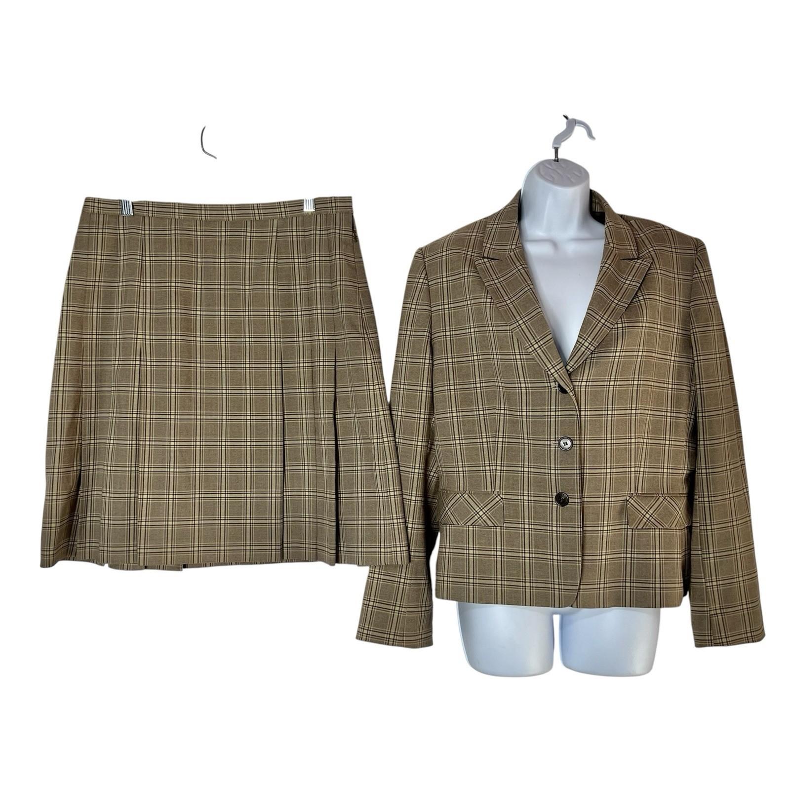 Tahari ASL Polyester Rayon Stretch Skirt Suit 14 Beige Striped Pleated Plaid