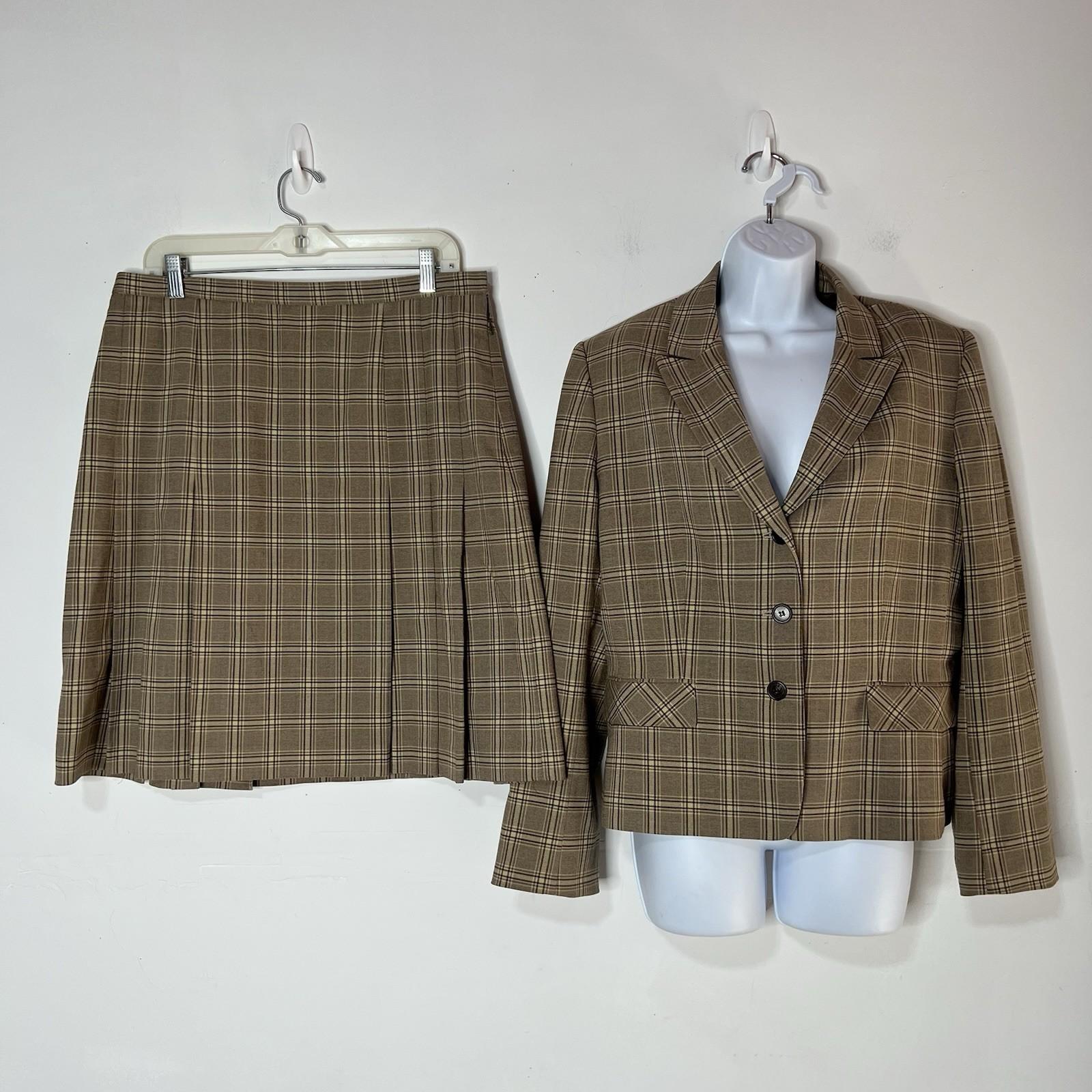 Tahari ASL Polyester Rayon Stretch Skirt Suit 14 Beige Striped Pleated Plaid