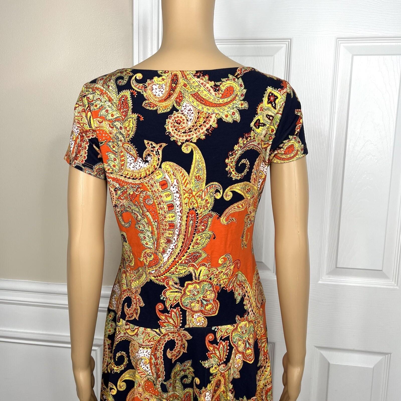 Lauren RL Royal Paisley Dress Size PM Short Sleeve Drops waist Skater Stretch