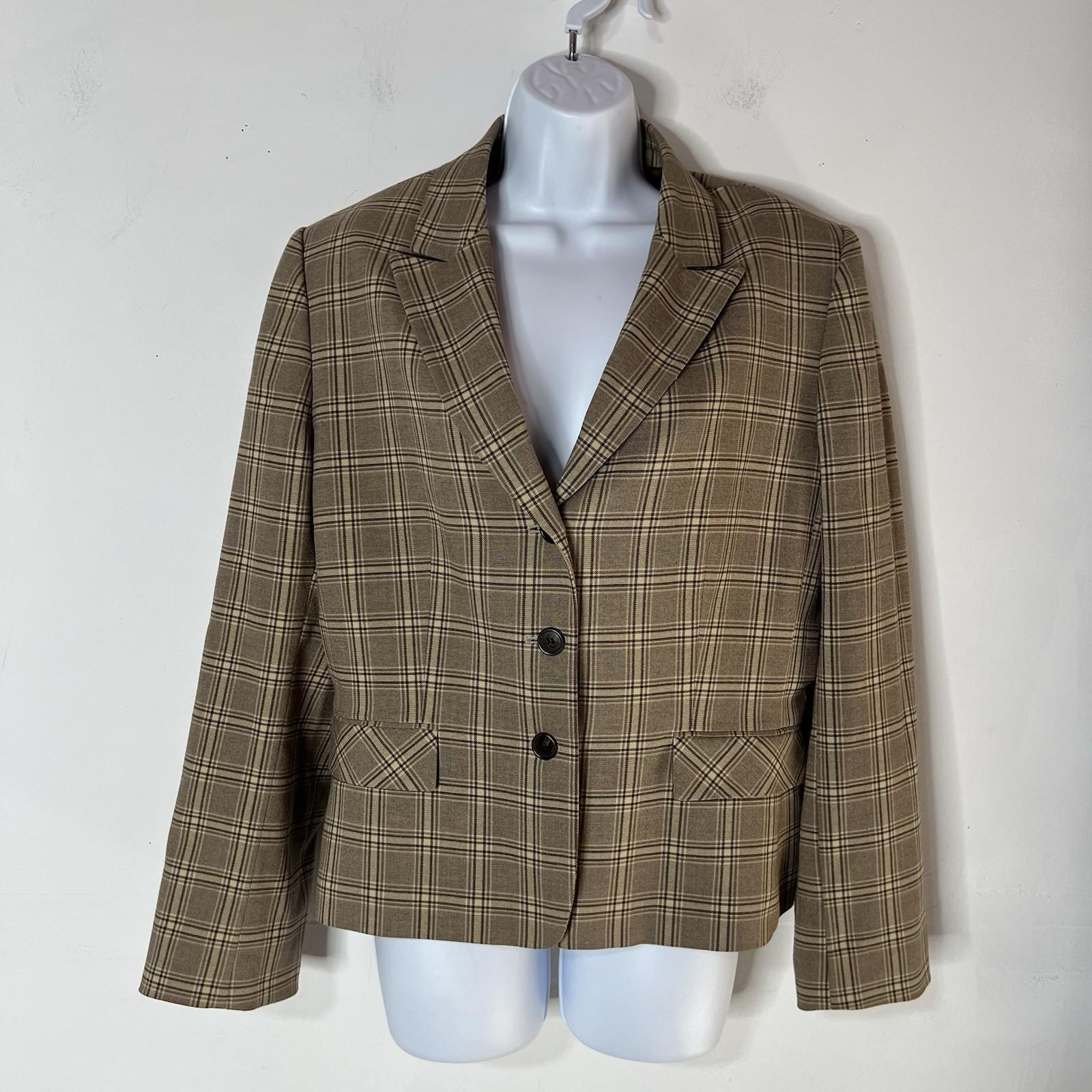 Tahari ASL Polyester Rayon Stretch Skirt Suit 14 Beige Striped Pleated Plaid