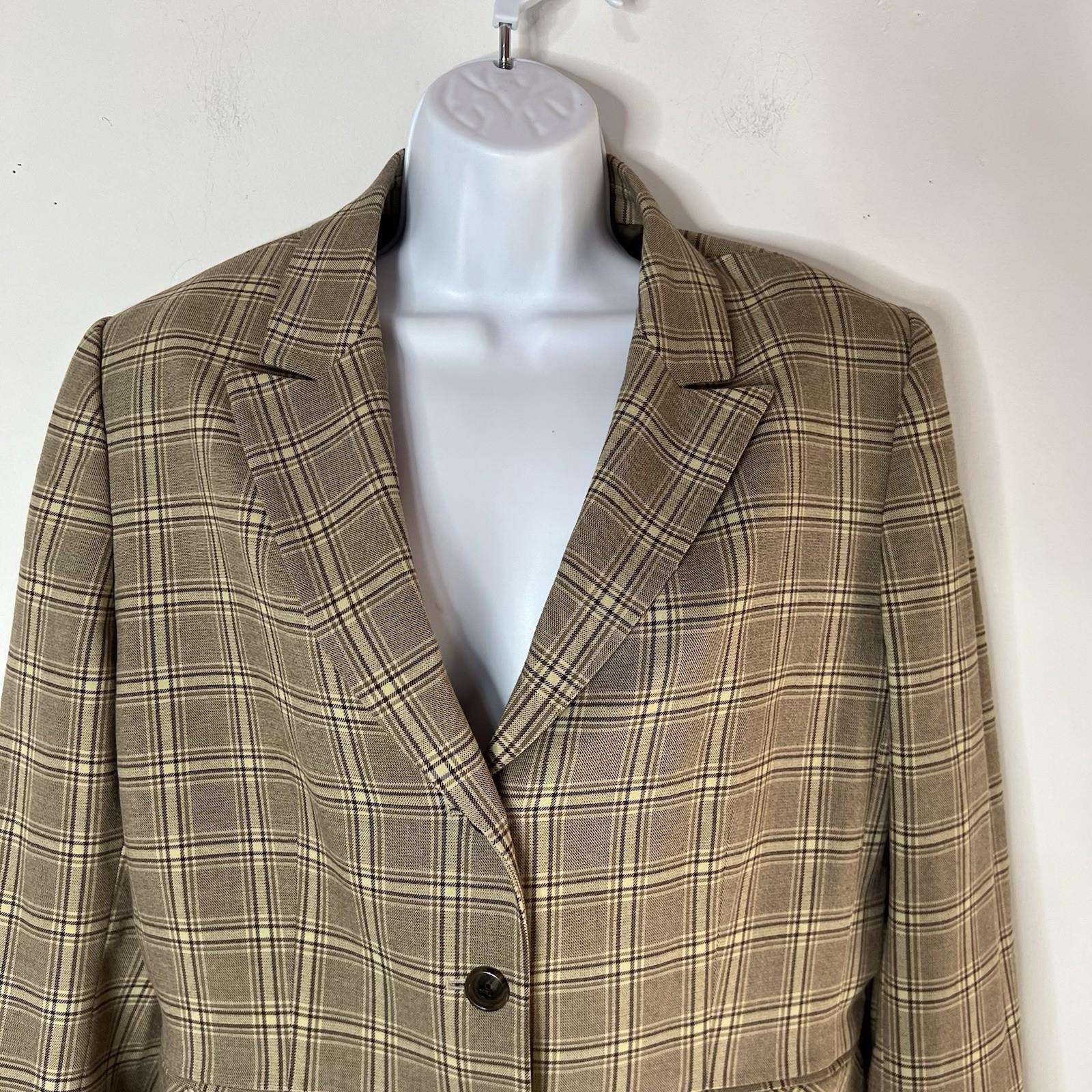Tahari ASL Polyester Rayon Stretch Skirt Suit 14 Beige Striped Pleated Plaid