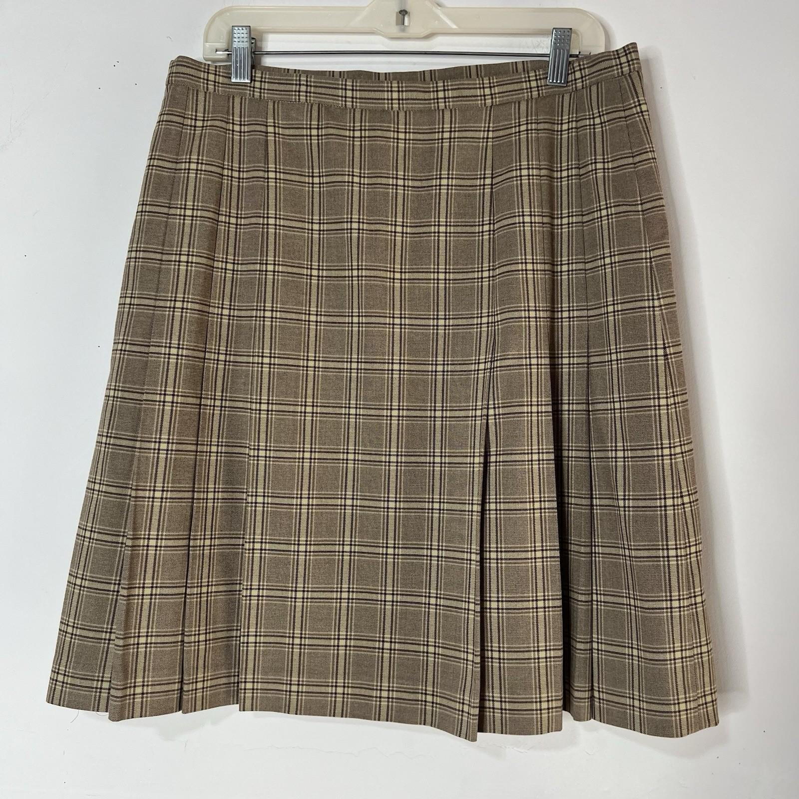 Tahari ASL Polyester Rayon Stretch Skirt Suit 14 Beige Striped Pleated Plaid