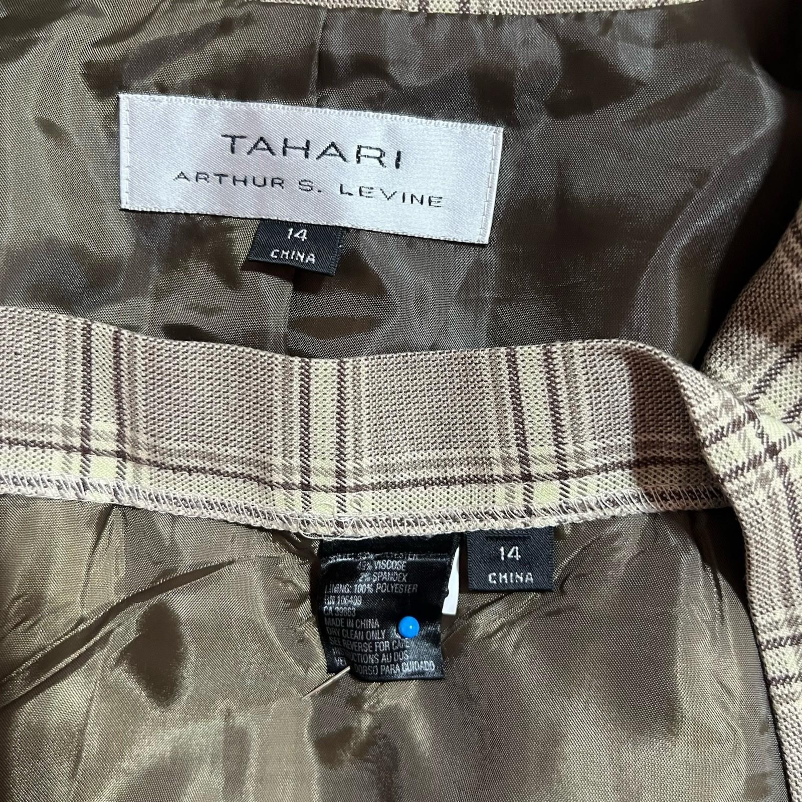 Tahari ASL Polyester Rayon Stretch Skirt Suit 14 Beige Striped Pleated Plaid