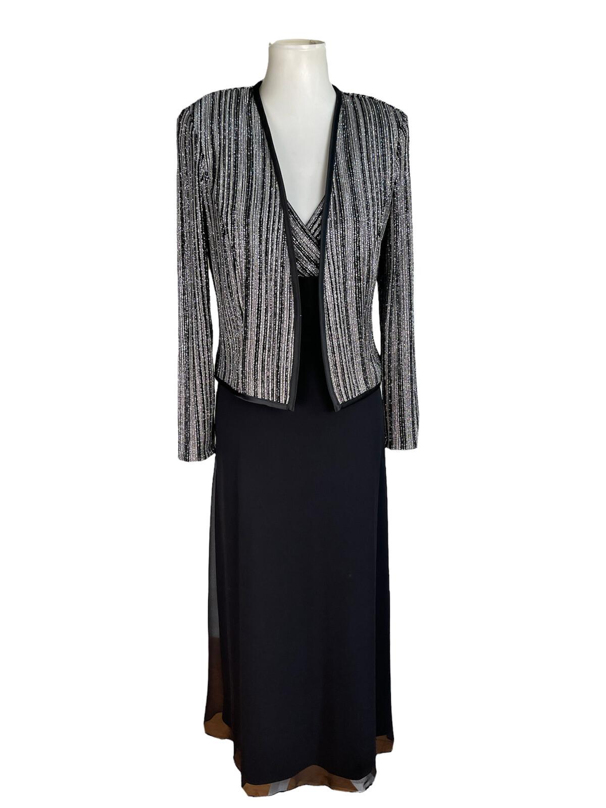 Patra Sequin Metallic Stretch Dress Suit Size 8 Vintage Black Silver Maxi Lined