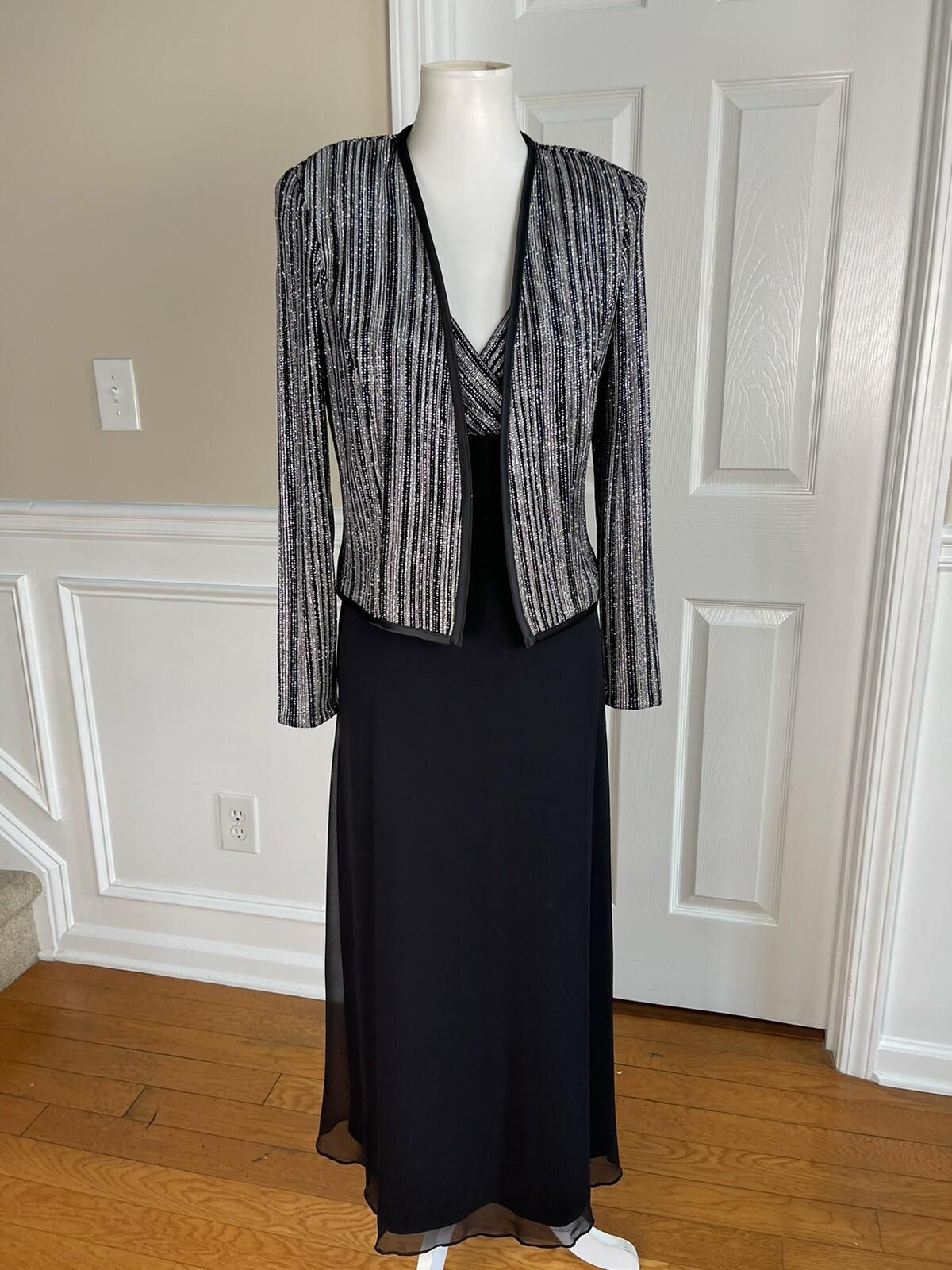 Patra Sequin Metallic Stretch Dress Suit Size 8 Vintage Black Silver Maxi Lined