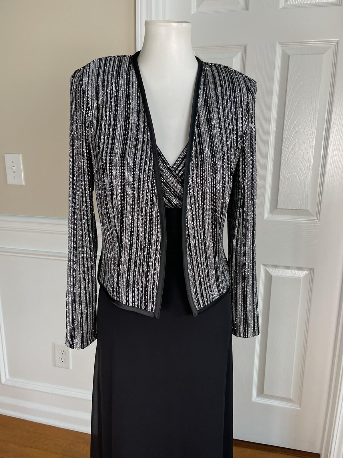 Patra Sequin Metallic Stretch Dress Suit Size 8 Vintage Black Silver Maxi Lined