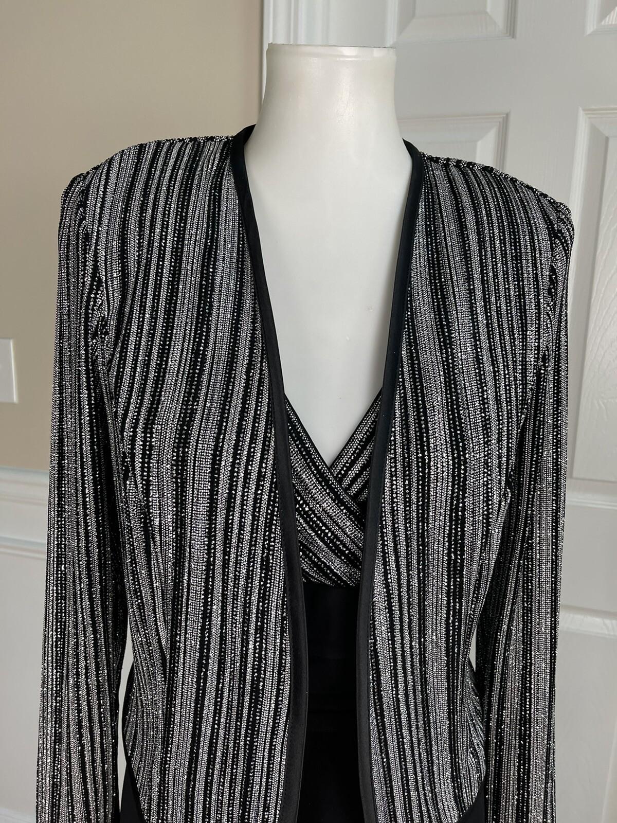 Patra Sequin Metallic Stretch Dress Suit Size 8 Vintage Black Silver Maxi Lined