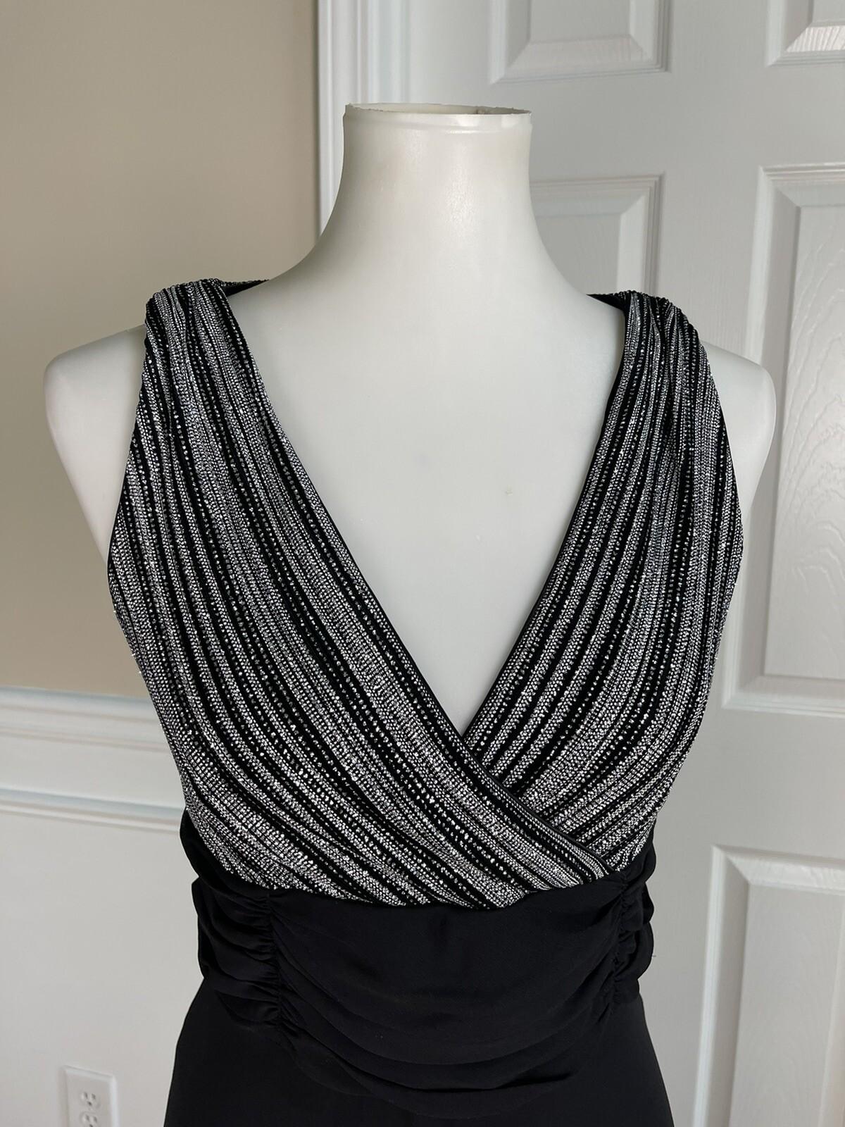 Patra Sequin Metallic Stretch Dress Suit Size 8 Vintage Black Silver Maxi Lined