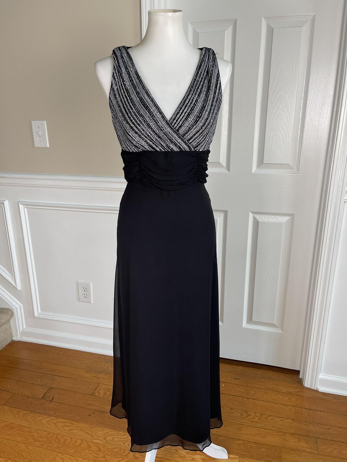 Patra Sequin Metallic Stretch Dress Suit Size 8 Vintage Black Silver Maxi Lined