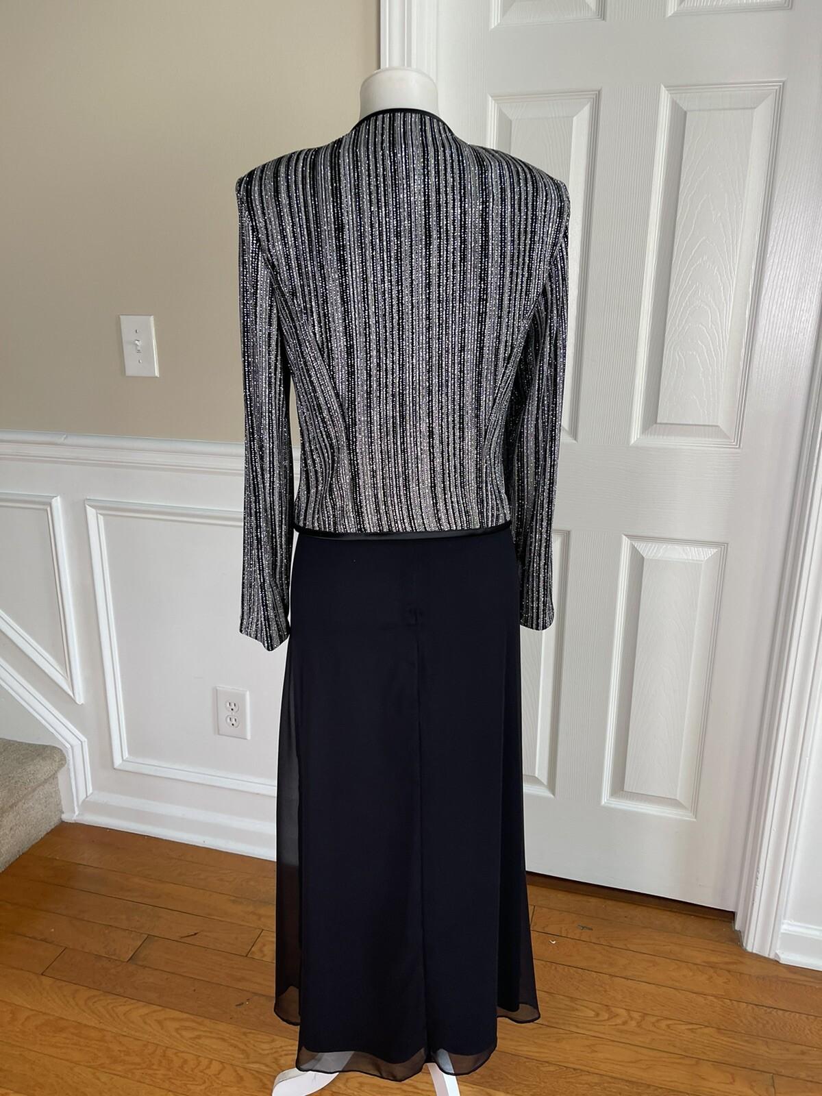 Patra Sequin Metallic Stretch Dress Suit Size 8 Vintage Black Silver Maxi Lined