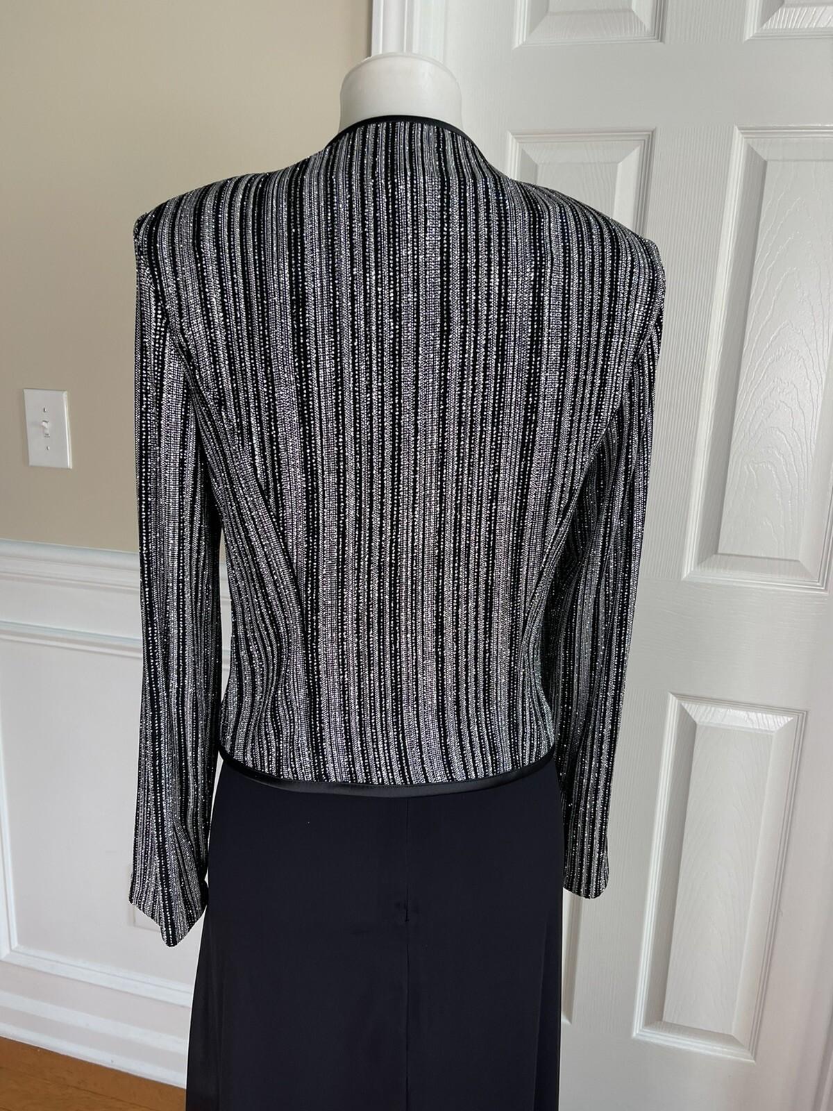 Patra Sequin Metallic Stretch Dress Suit Size 8 Vintage Black Silver Maxi Lined