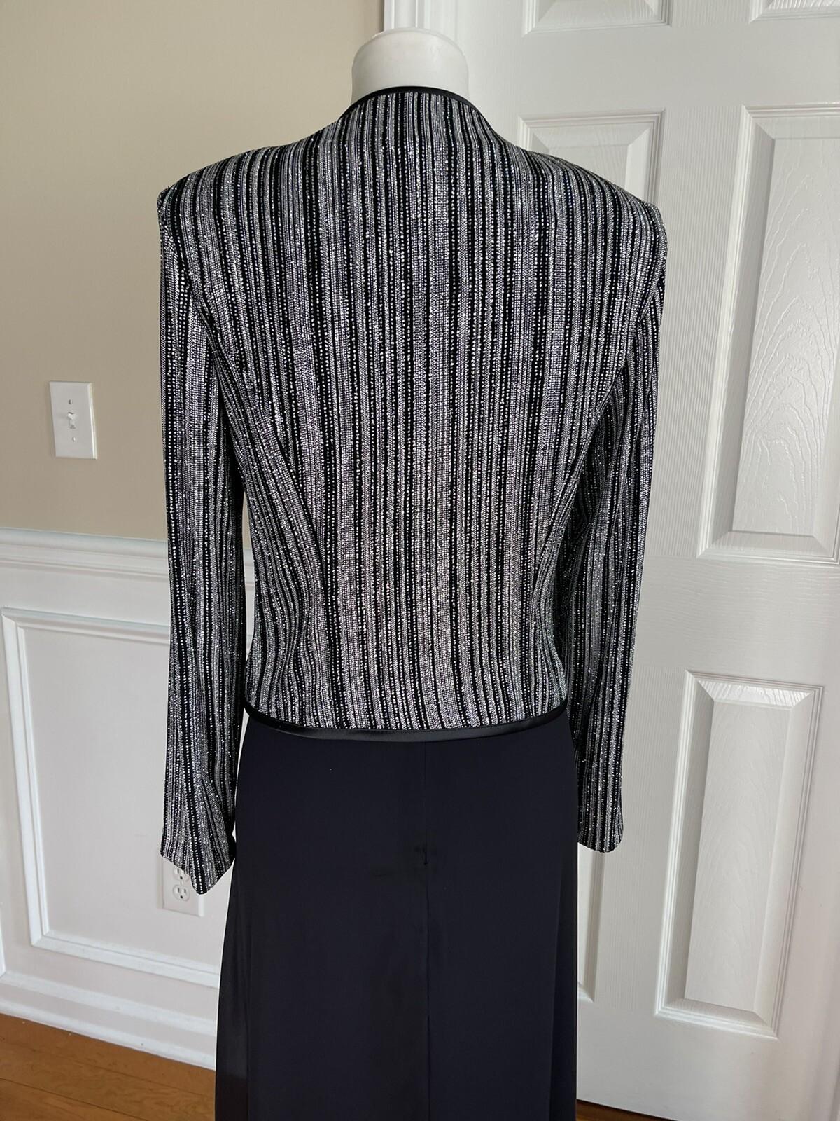 Patra Sequin Metallic Stretch Dress Suit Size 8 Vintage Black Silver Maxi Lined