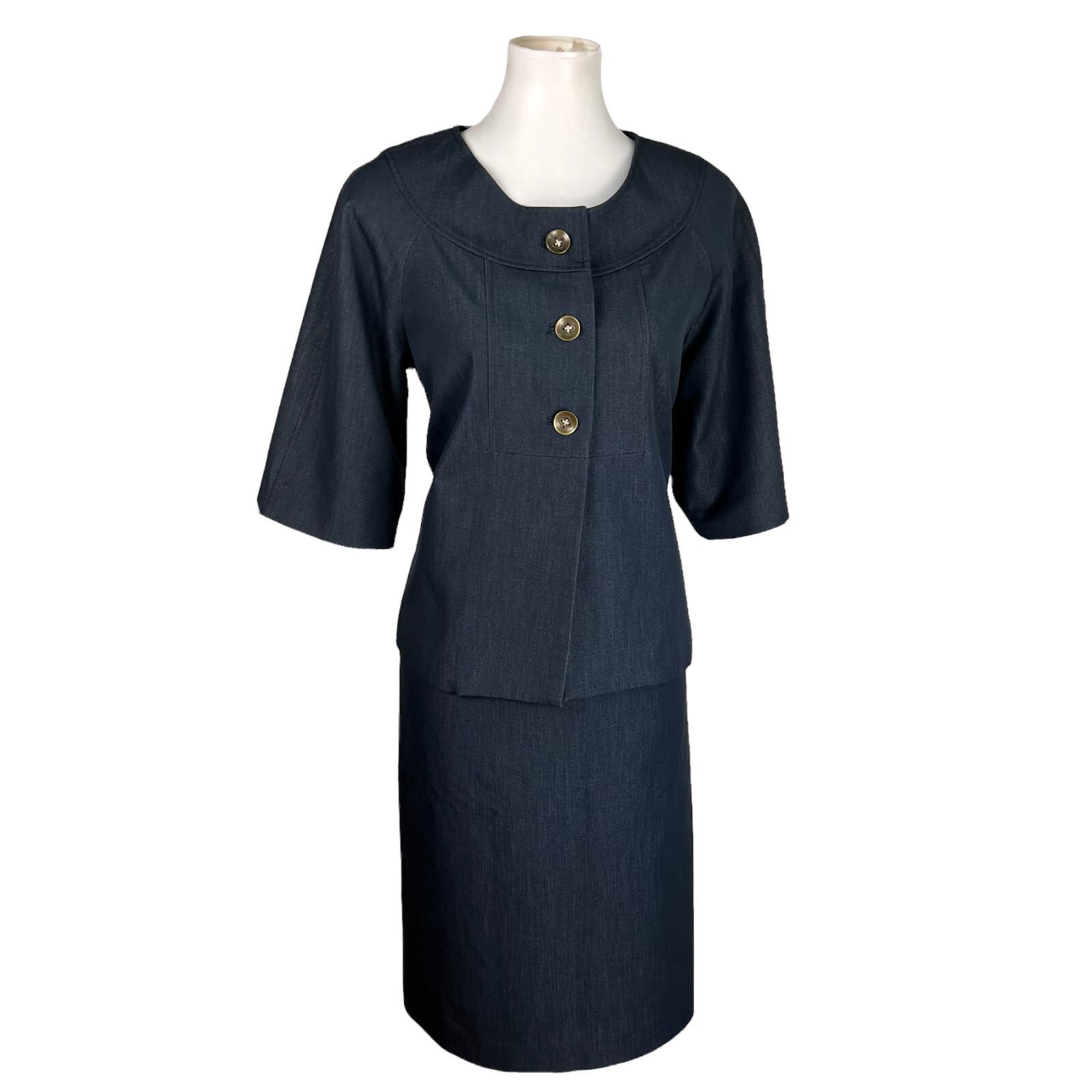 SHARAGANO 2PC Blue Polyester Rayon Stretch Short Sleeves Skirt Suit Size 12