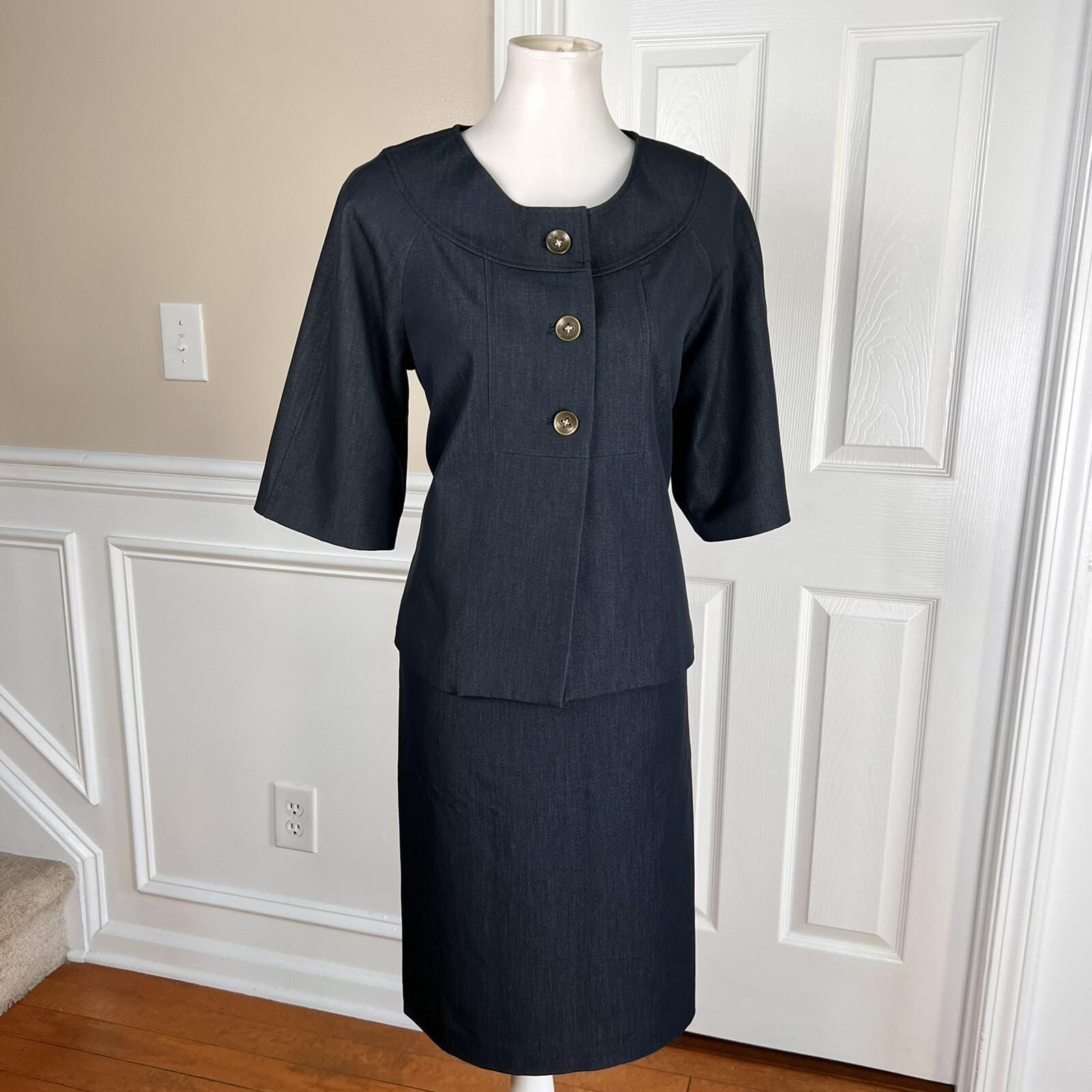SHARAGANO 2PC Blue Polyester Rayon Stretch Short Sleeves Skirt Suit Size 12