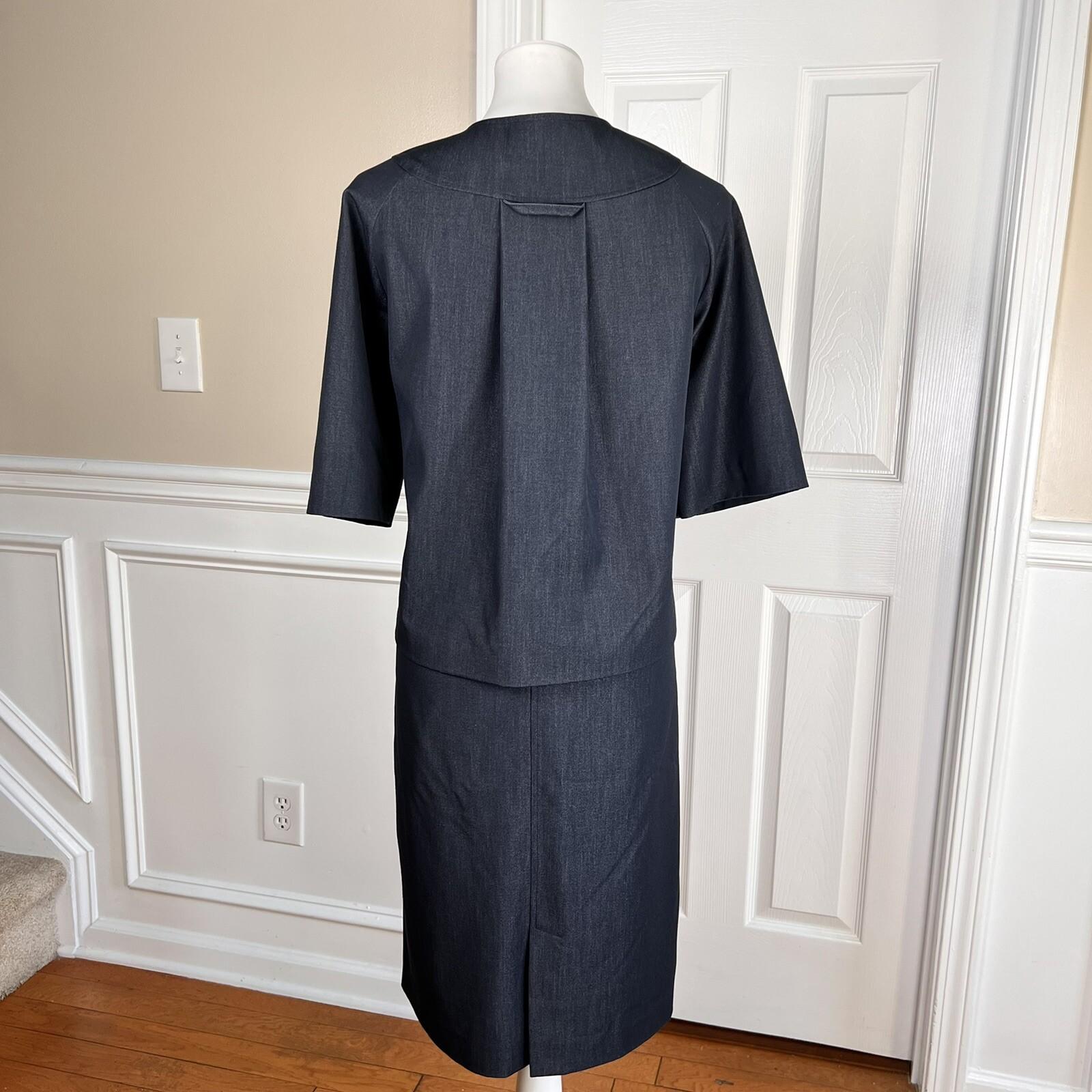 SHARAGANO 2PC Blue Polyester Rayon Stretch Short Sleeves Skirt Suit Size 12