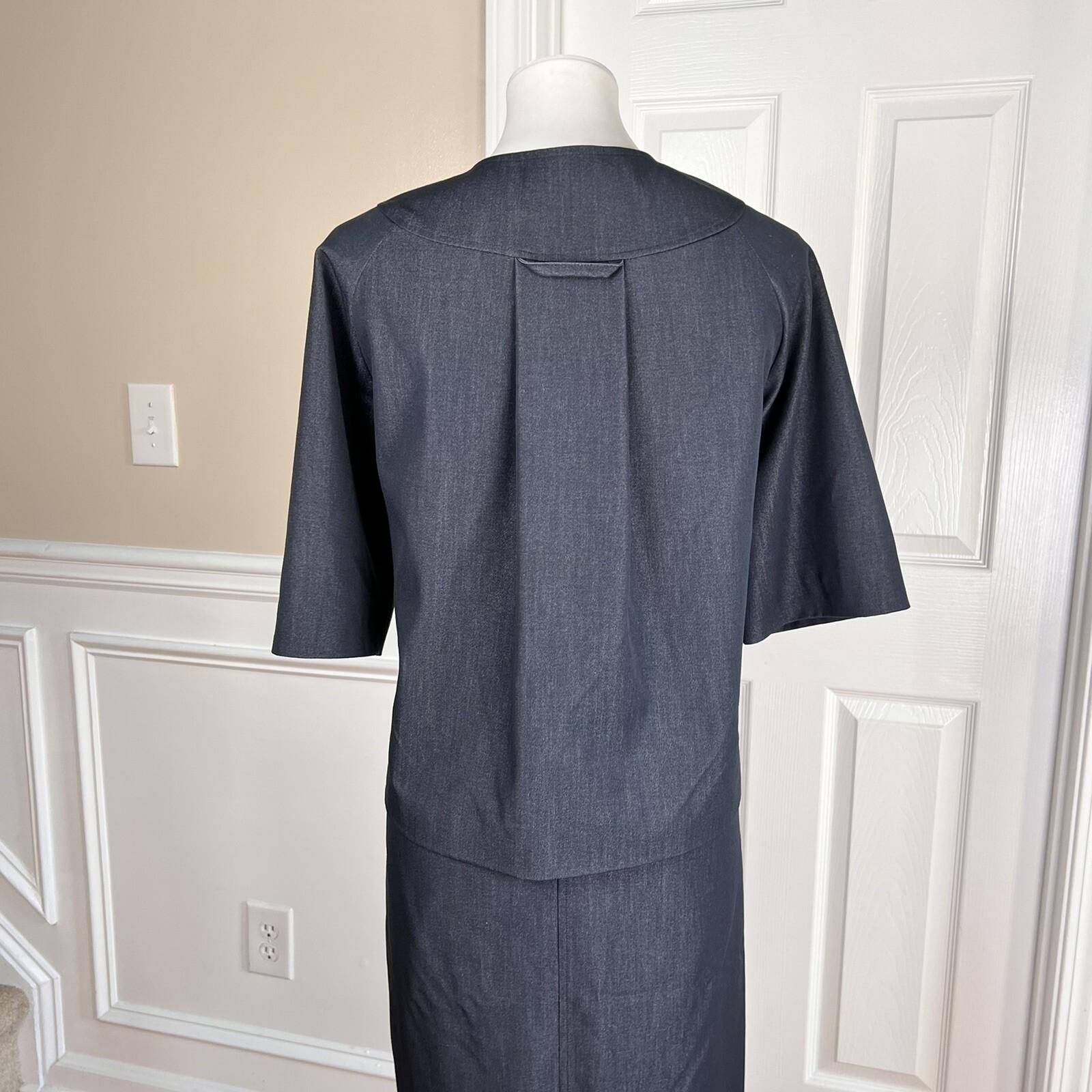 SHARAGANO 2PC Blue Polyester Rayon Stretch Short Sleeves Skirt Suit Size 12
