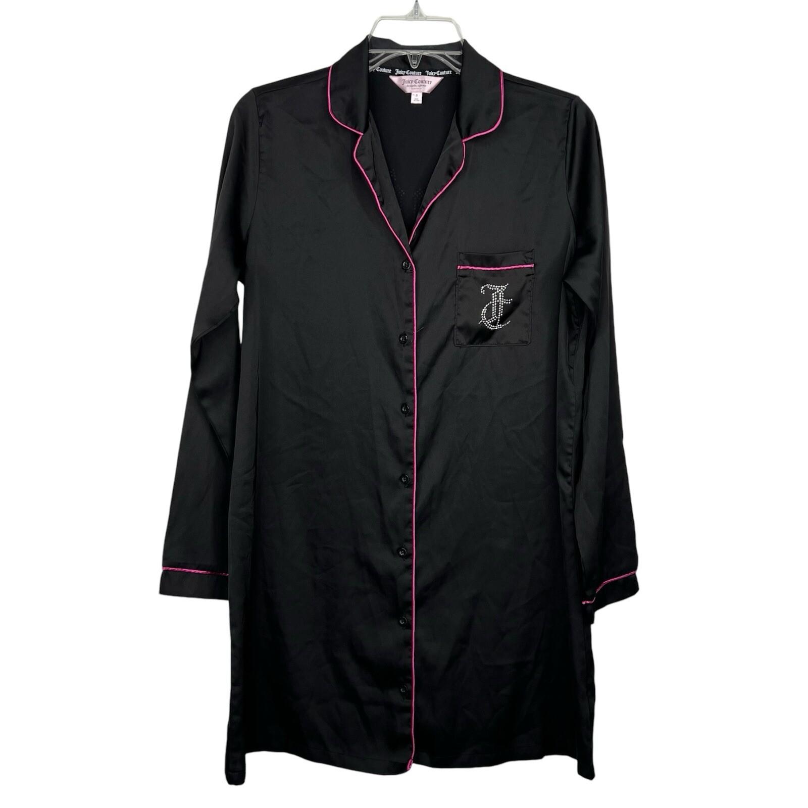 Juicy Couture Satin Long Sleeve Button Down Black Nightgown Lounge Shirt Size S