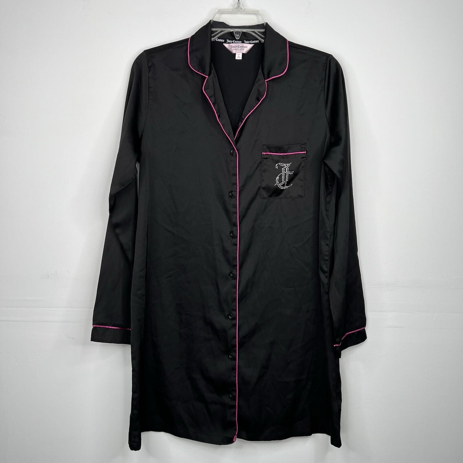 Juicy Couture Satin Long Sleeve Button Down Black Nightgown Lounge Shirt Size S