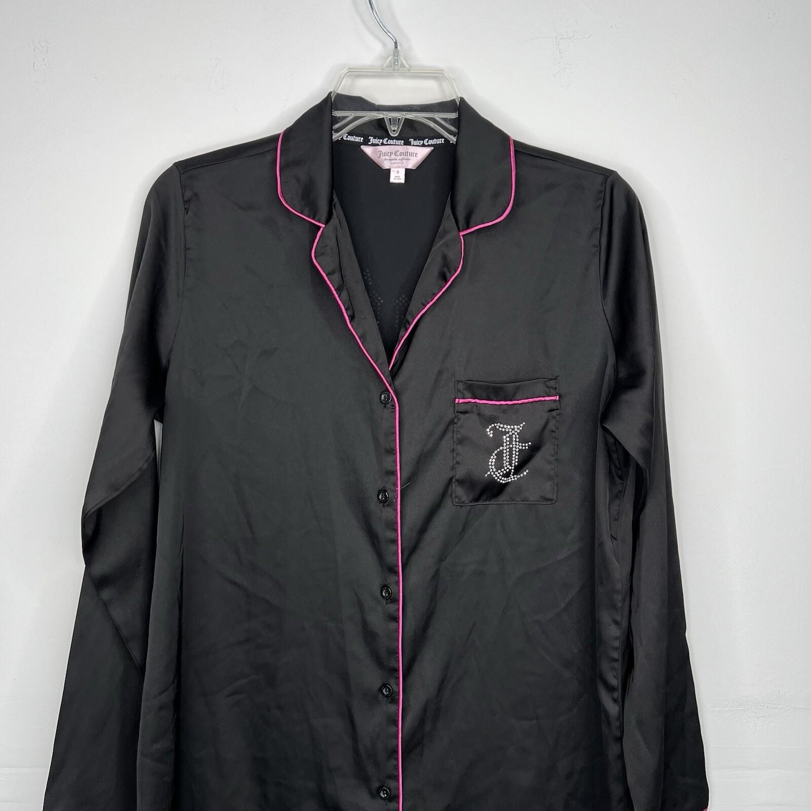 Juicy Couture Satin Long Sleeve Button Down Black Nightgown Lounge Shirt Size S