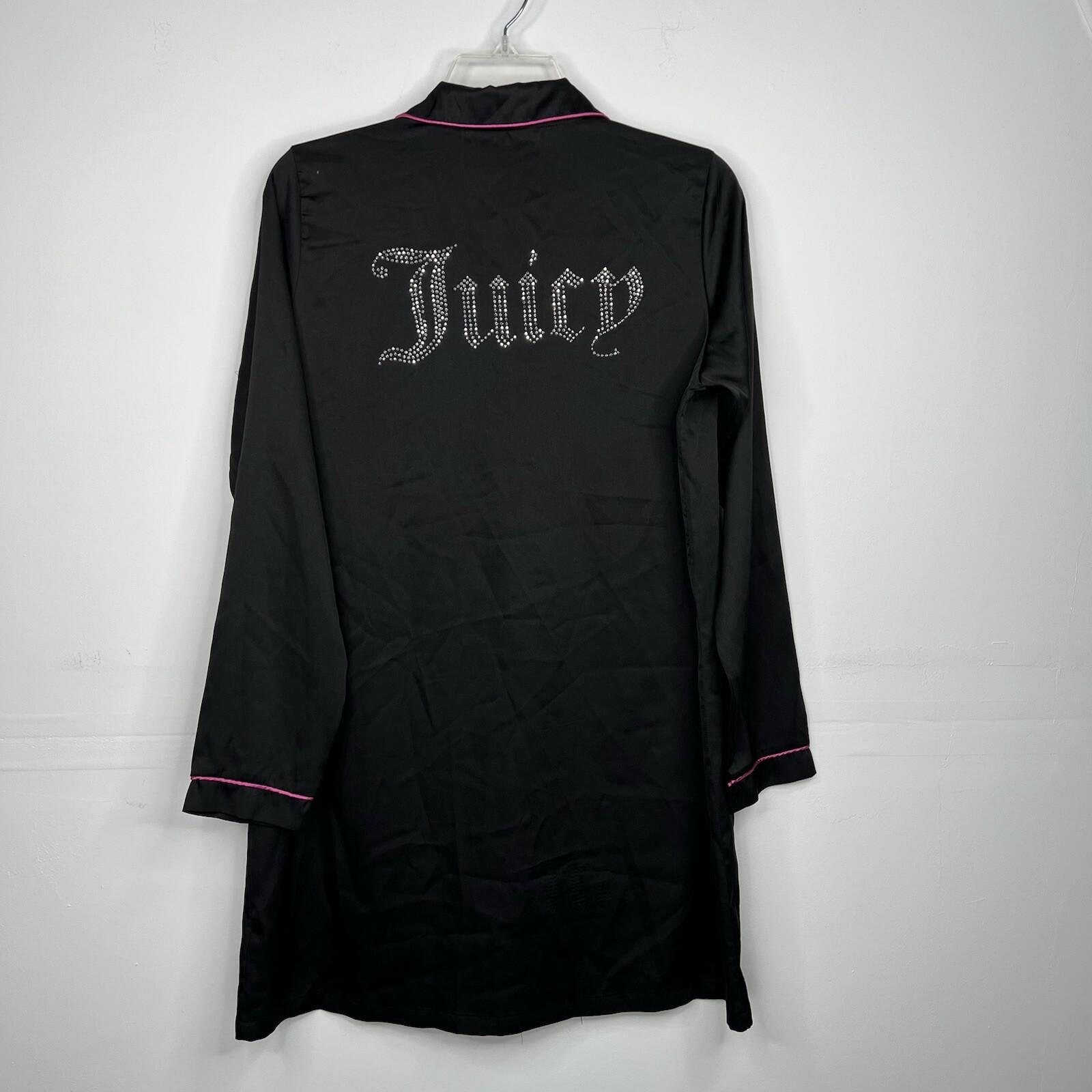 Juicy Couture Satin Long Sleeve Button Down Black Nightgown Lounge Shirt Size S